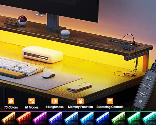 Miniatura 7 de ODK Escritorio pequeño para computadora de 40 pulgadas con 3 cajones y puerto de carga USB y toma de corriente, escritorio de oficina con luz LED,