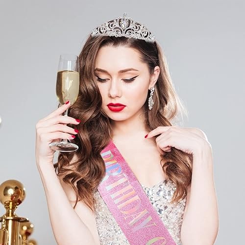 Miniatura 7 de Kit de banda y tiara de cristal de "Birthday Queen", tiara plateada y coronas para mujer, banda para niñas, juego de decoración de cumpleaños rosa,