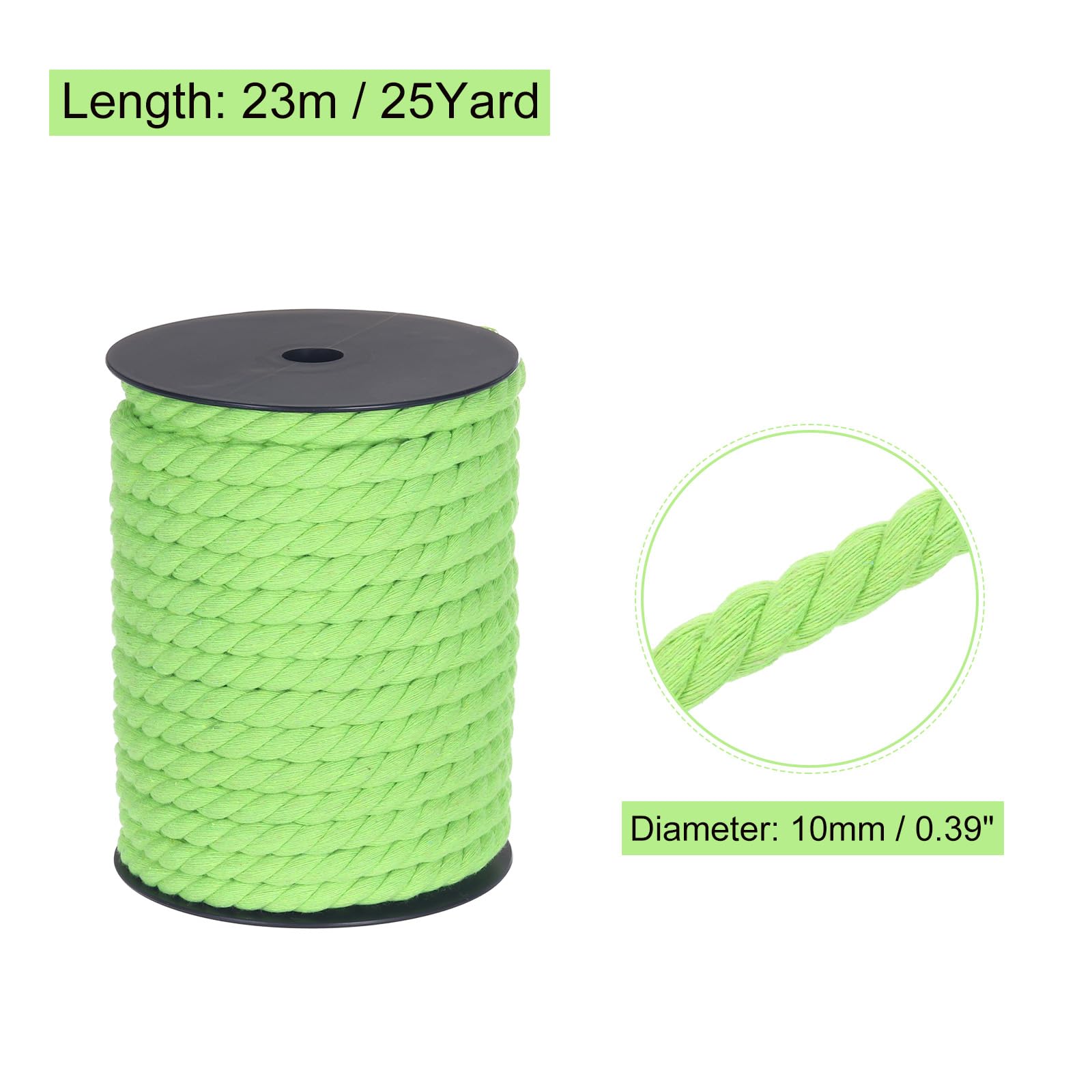 MECCANIXITY Cotton Rope 3 Strand Twisted Braided Rope Cord, Fruit Green 10mm x 75ft Craft Rope Cord Cotton for Wall Hanging, Plant Hanger, Knitting, Macrame Knotting