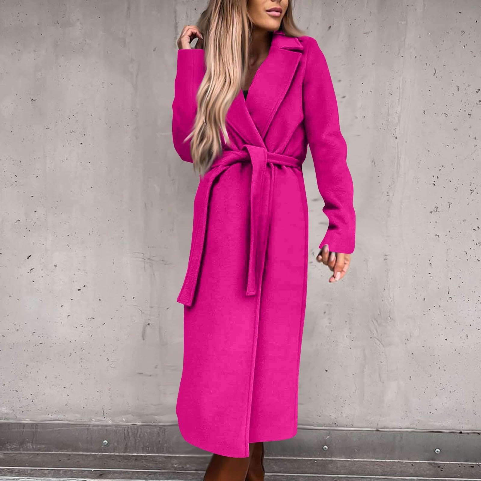 Long Trench Coats For Women Fashion Faux Wool Coat Blouse Thin Solid Jacket Ladies Notch Lapel Overcoat With Belt