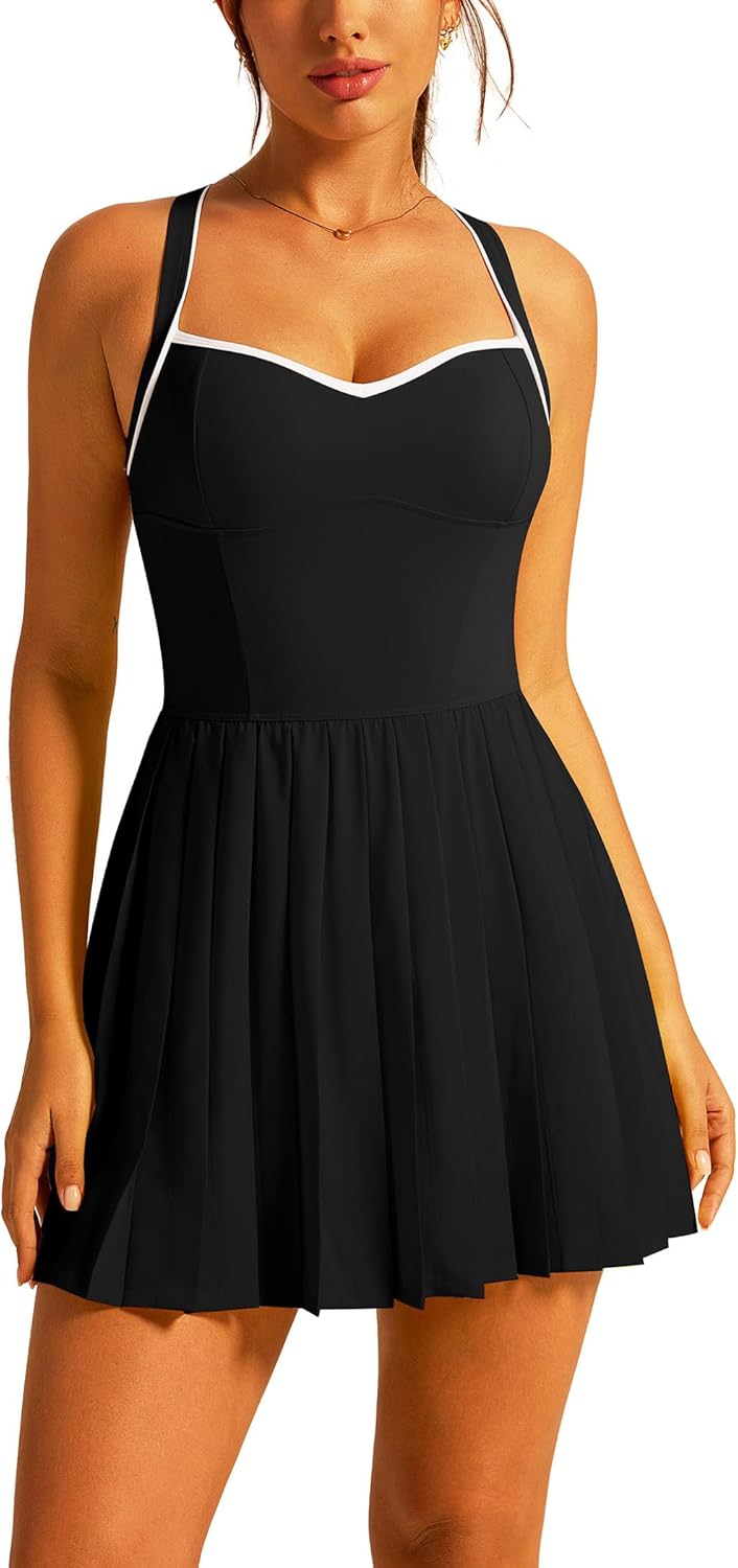 ABOCIW Womens Sweetheart Neck Pleated Tennis Dress Built in Bra and Shorts Golf Athletic Dress with Pockets