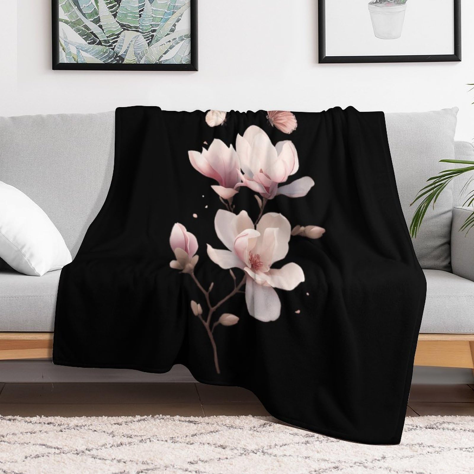 Überwurfdecke aus Fleece, Motiv: Magnolienblume mit Schmetterling, weich, leicht