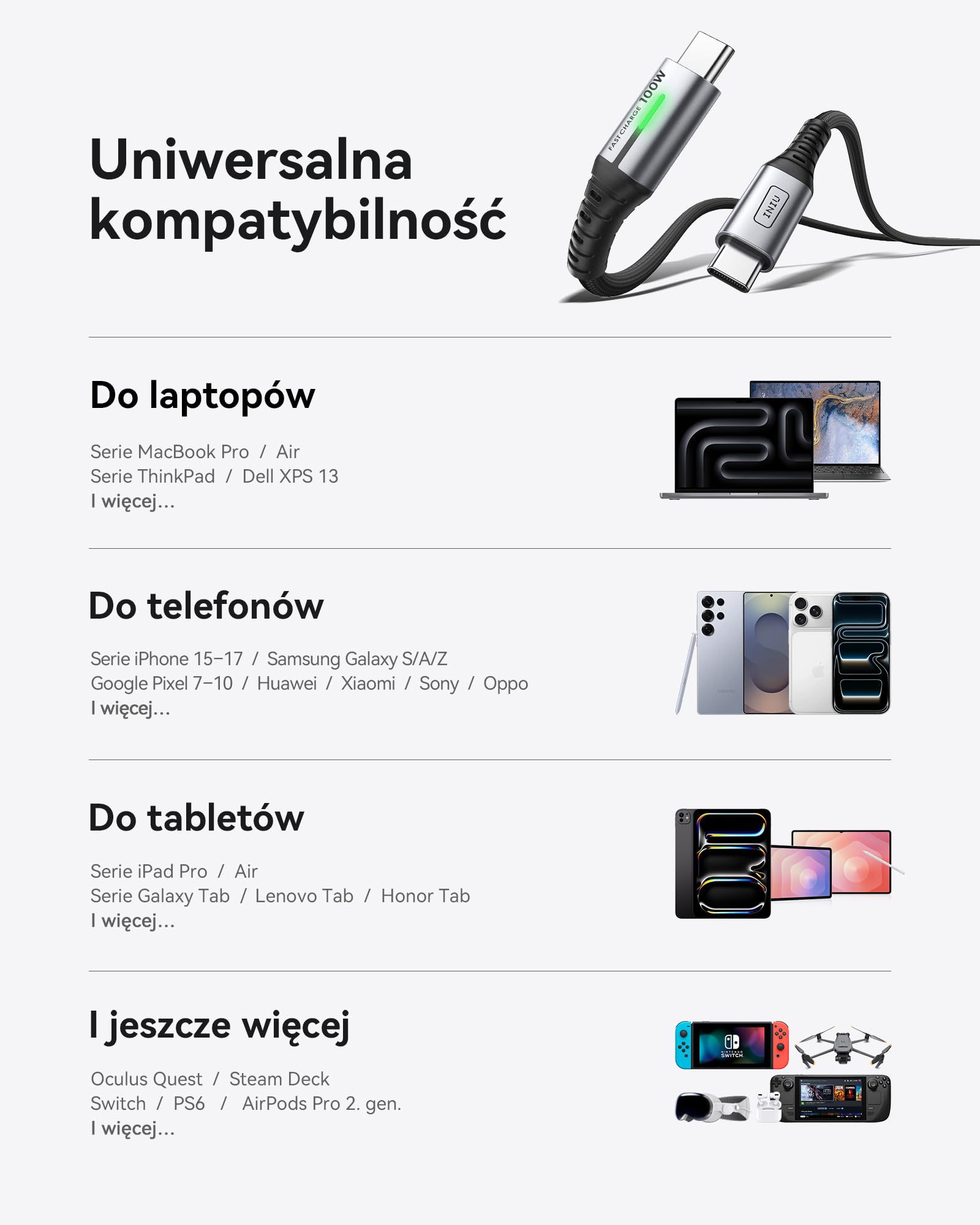 INIU Kabel USB C na USB C [2M/100W], PD 5A & QC 4.0 Typu C Szybkie Ładowanie, Nylonowy Pleciony Kabel do Ładowania USB-C do iPhone 17 16 15 Pro Max Samsung Galaxy S24 S23 iPad MacBook Google Piexel