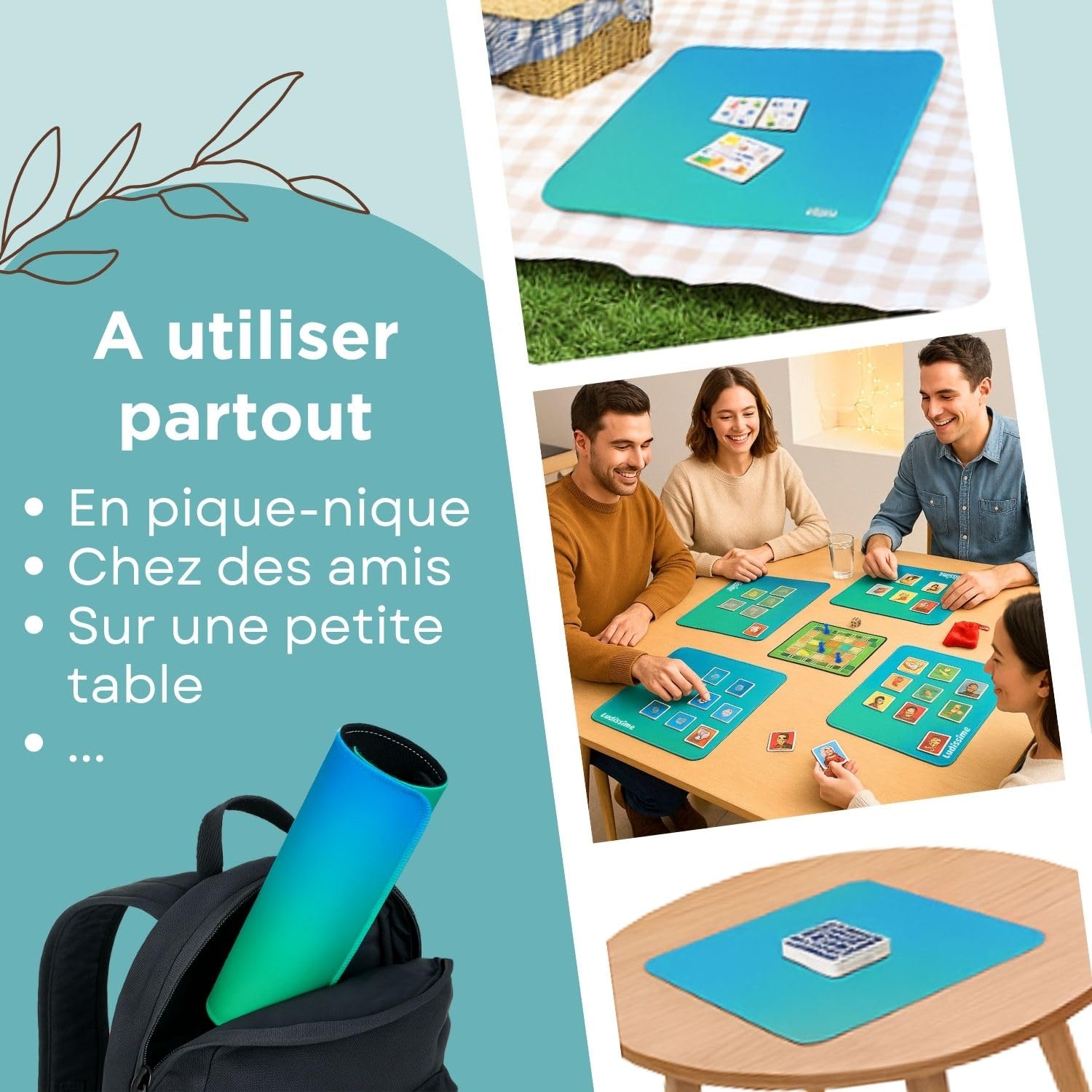 Lot 4 Mini Tapis de Jeux de société 33x33 cm pour Cartes | 4 tapis individuels : 1 par joueur, néoprène antidérapant, format compact pour cartes, famille et voyage