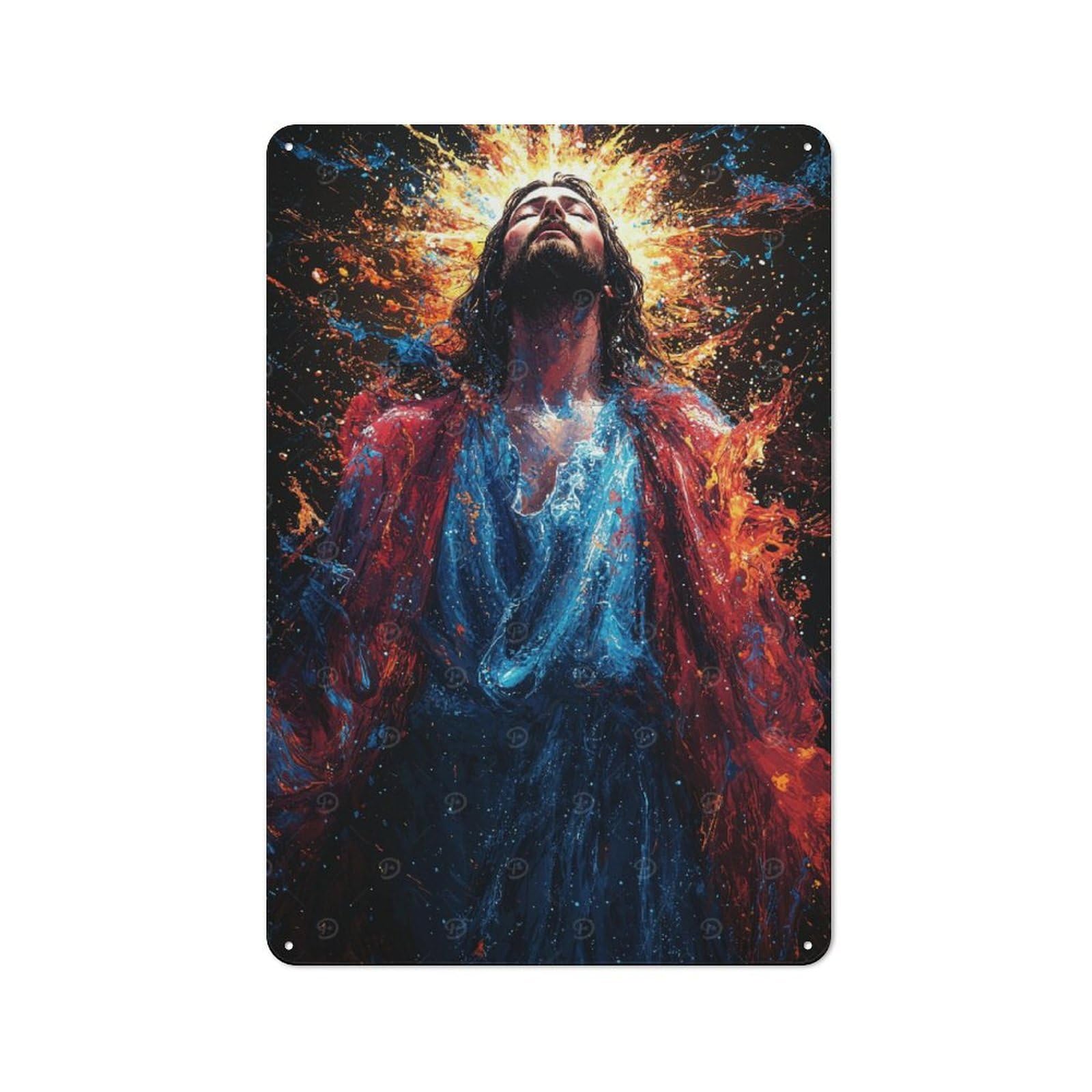 Junmoney Jesus In Paint Splatter Metal Plaque 30X20cm With For Pub Or Café, Rustic Decor, For Pub Decor Enthusiasts