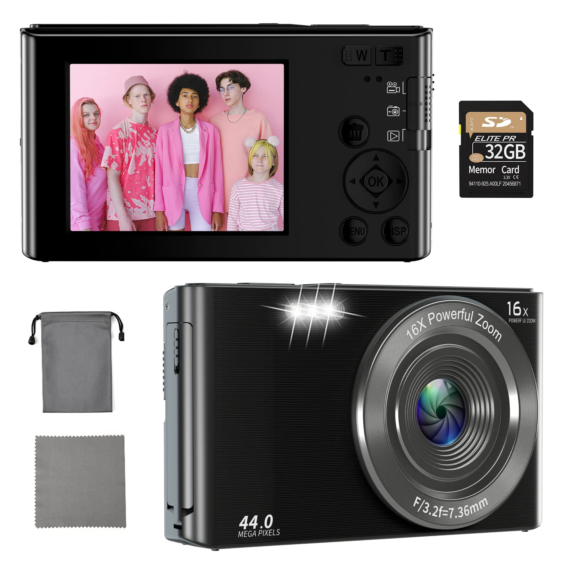 Digital Camera, Kids Camera with 32GB Card 2 Rechargeable Batteries, FHD 1080P 44MP Point and Shoot Cameras, 16X Zoom, Compact Small Vlogging Gift Camera for Kids Children Teens Girl Boy-picture-33