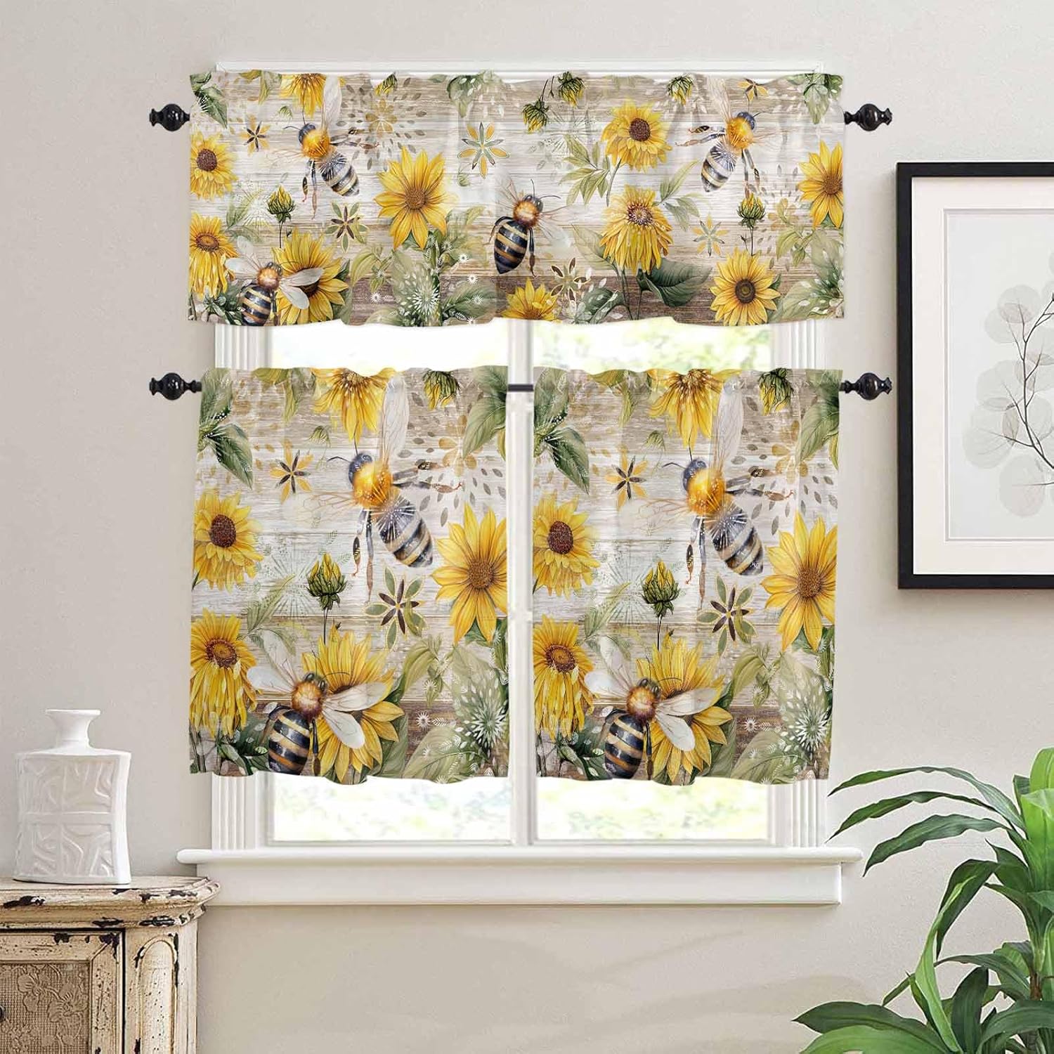 Sunflower Curtains Tiers Valance Kitchen Window Brown Wood Bee Flower Plants Rod Pocket Light Filtering Treatment Bumblebee Short Valance Curtain Bathroom Cafe Decor Small Drapes, 3 Panels