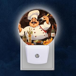 Night Light Plug into Wall,Dusk to Dawn Sensor Auto-On/Off for Bathroom, Hallway,Kids Room-Fat Happy Chef with Mustache Holding Wine Bottle and Fork in Front
