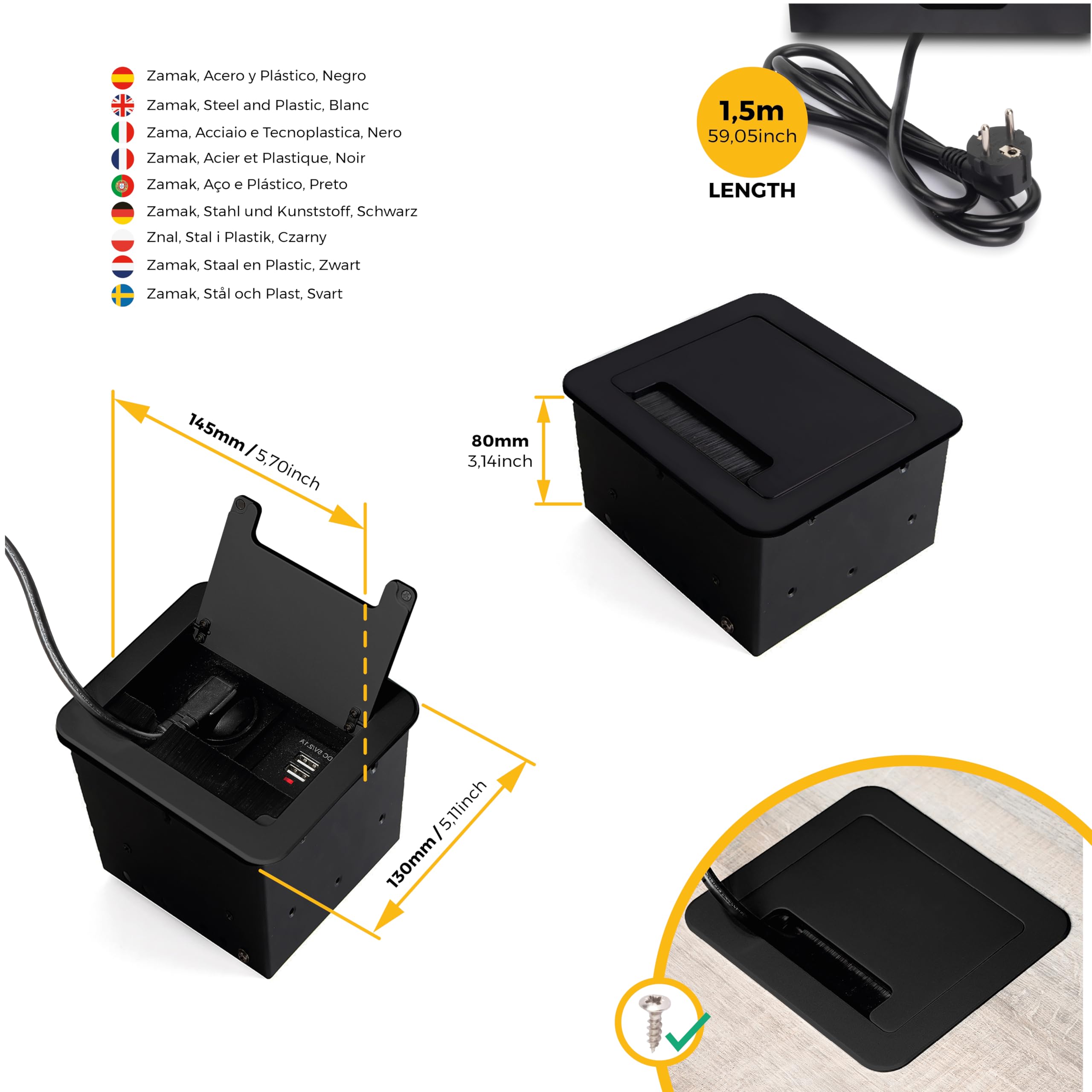 Emuca – ausziehbare und in den Tisch einlassbare Vielfachsteckerleiste, Mehrfachstecker (EU-Stecker Typ F, USB und HDMI), 145x130 mm, Schwarz