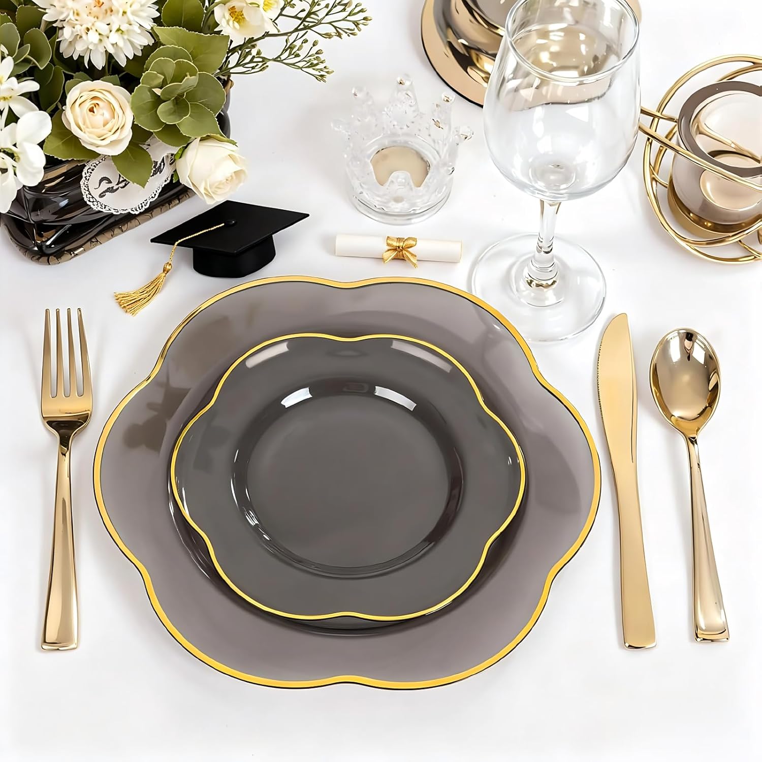 Liacere 100PCS Durable Plastic Plates-Gray Plastic Plates with Gold rim-100PCS Gray Dinner Plates, Perfect for Wedding & Party & Holiday & Graduation