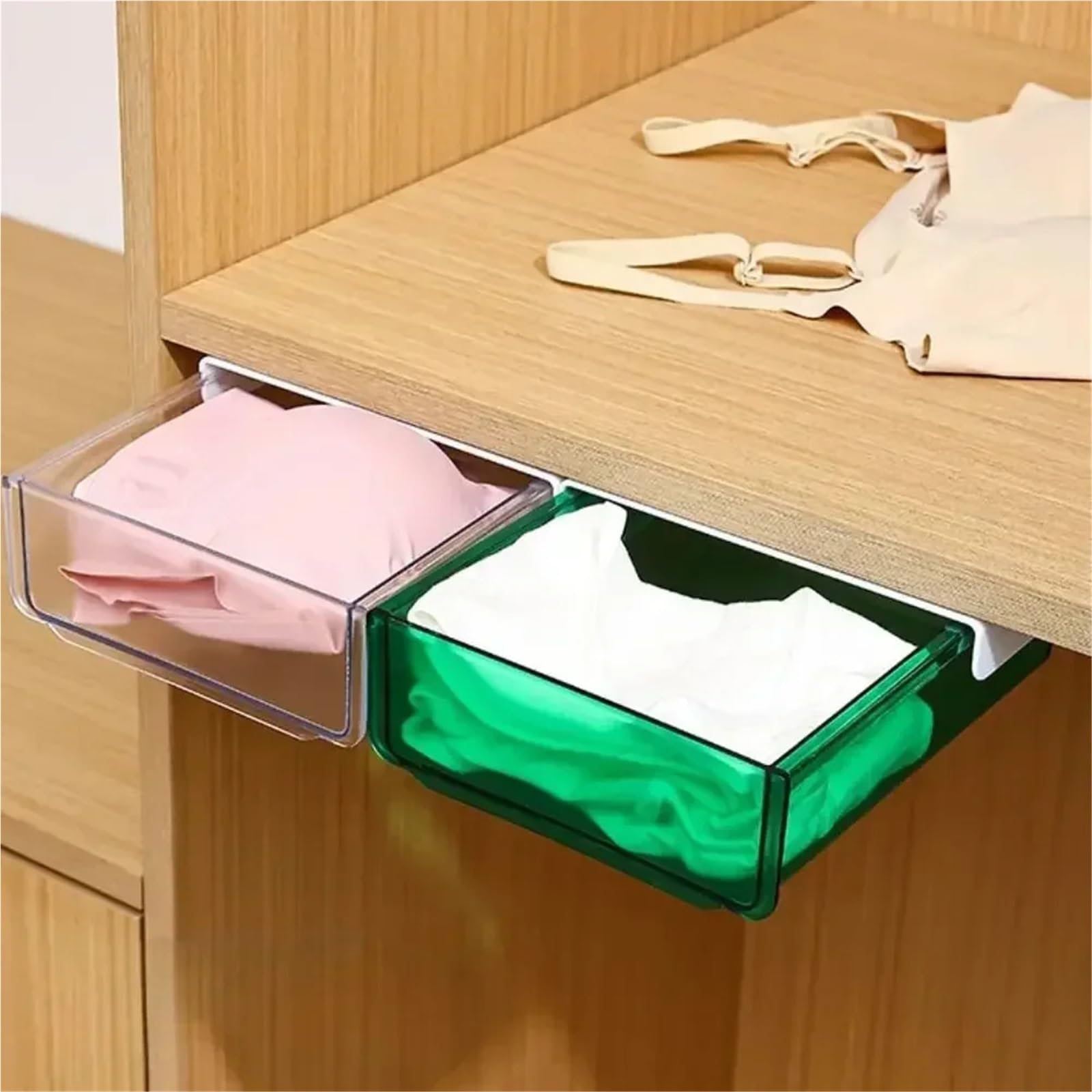 Mehrfarbige Untertischschublade, selbstklebend, 21 x 17,5 x 6 cm, platzsparende Aufbewahrungslösung für Home Office, grünes Schreibtischzubehör