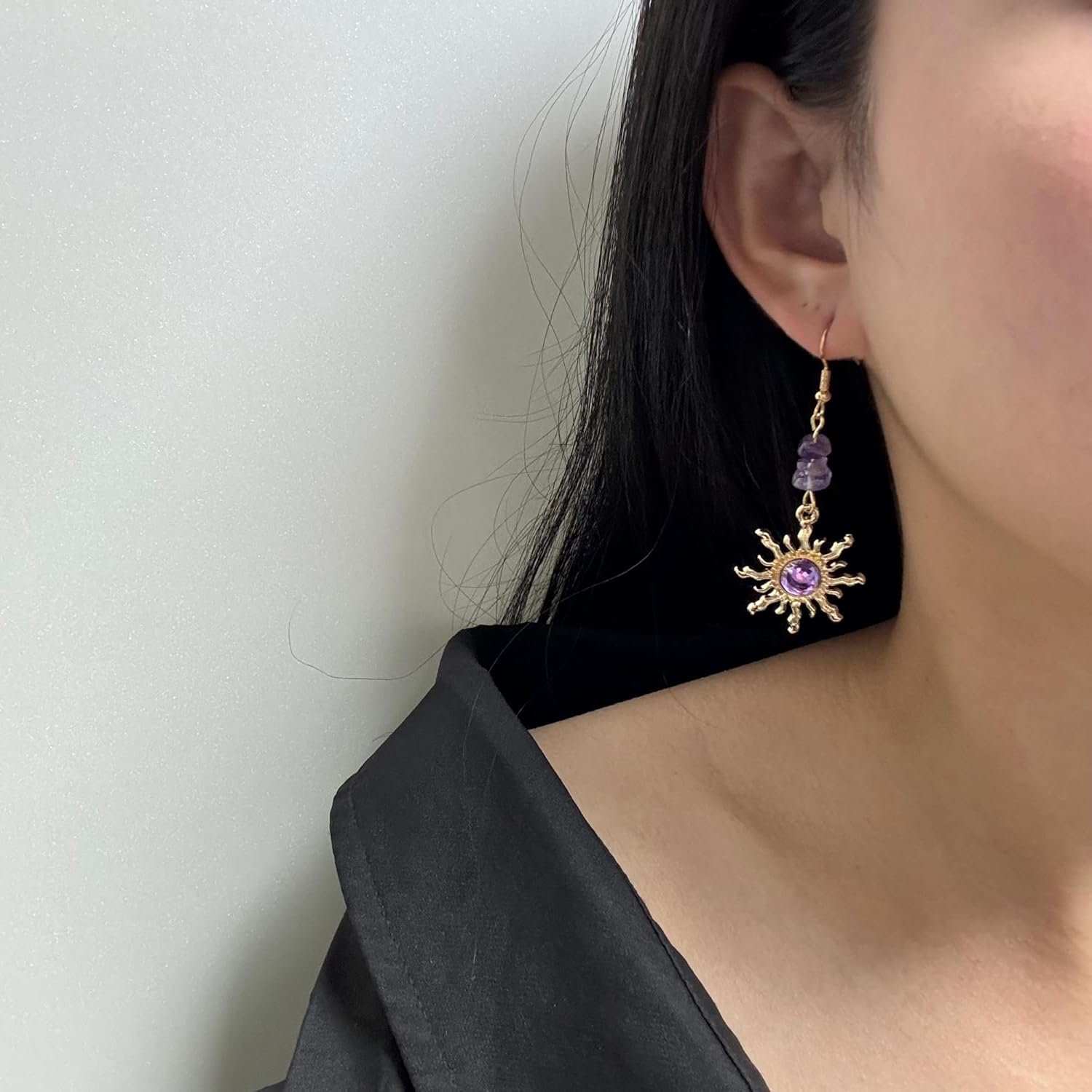 Handmade Boho Amethyst Crystal Celestial Sun Dangling Drop Earrings for Women - Image 2