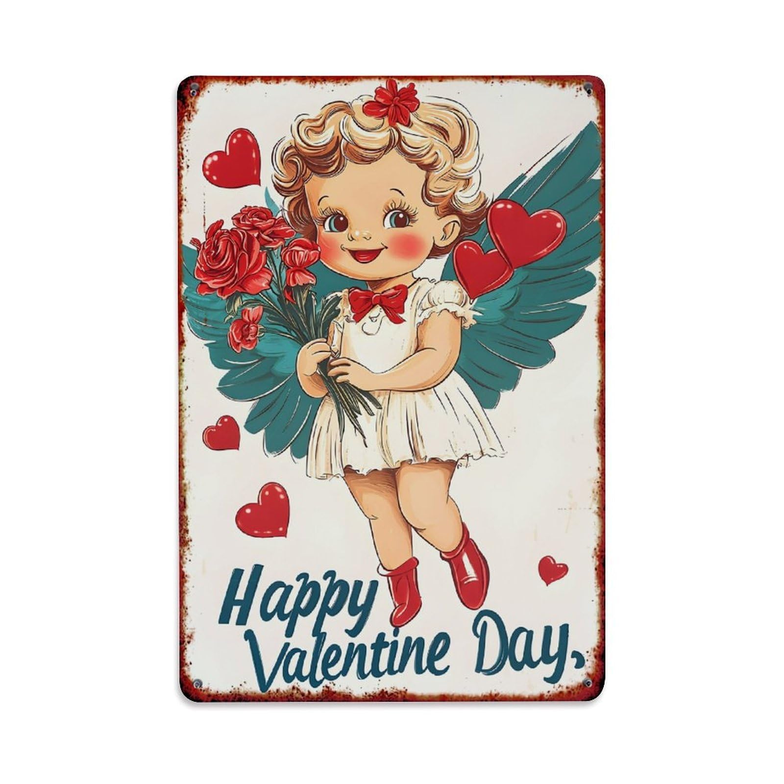 Jdyaojiesheng Vintage Cupid Holding Roses And Hearts Tin Sign Retro Metal Wall Decor Metal Poster, Home Bar Garage Farmhouse Cafe Wall Art Decoration 8X12inches