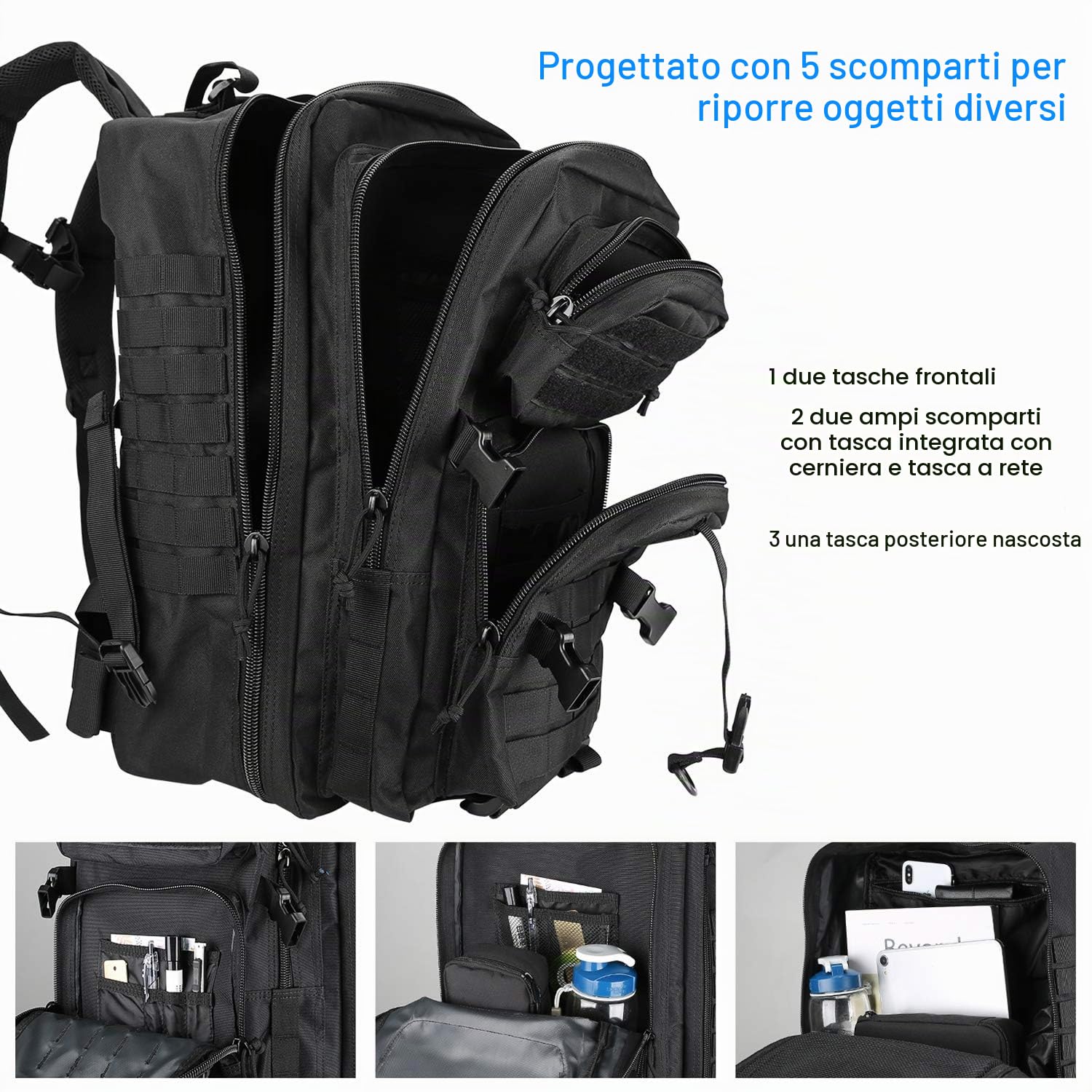 ProCase Zaino Tattico Militare 35L-48L, Pacchetto di Assalto di Grande Capacità 3 Giorni Zaino Borsa Go per Caccia, Trekking e Campeggio e Altre Attività All'aperto –Nero
