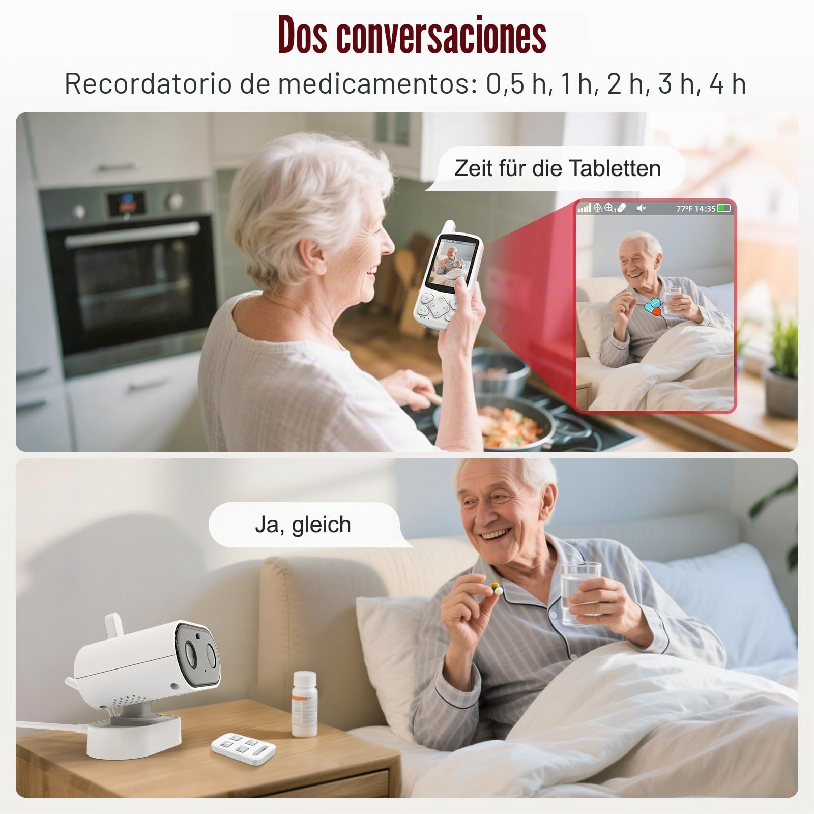 CallToU Cámara de vigilancia giratoria para personas mayores con audio bidireccional, vigilabebés para personas mayores, no requiere wifi, con recordatorio de medicamentos y control de temperatura