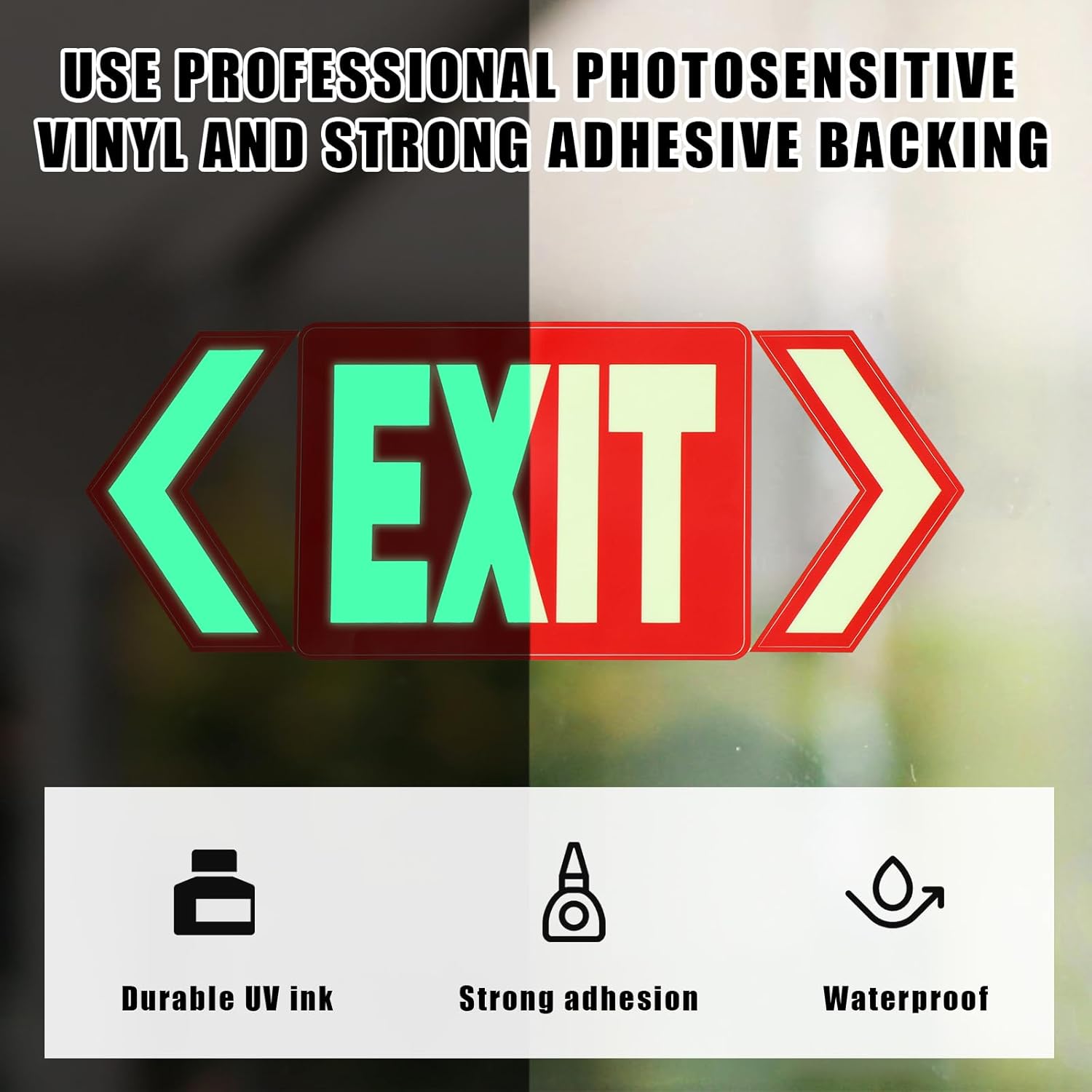 5pcs Exit Sign Stickers, Glow in the Dark Vinyl Emergency Exit Signs 7x5in Emergency Warning Stickers for Business Office