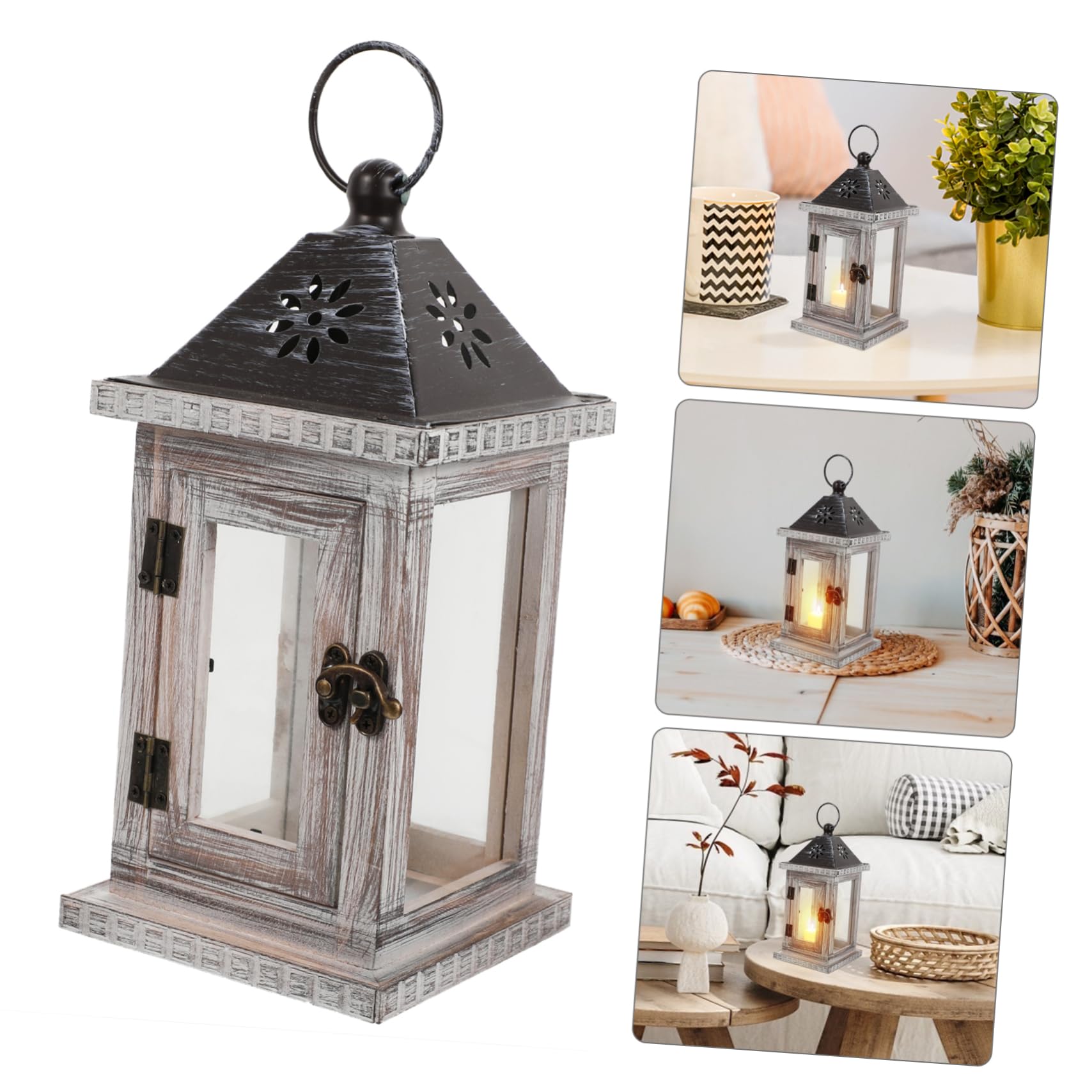 Lanterna Portacandele in Legno e Ferro da Appendere Stile Nordico Vetro, Candeliere Rustico Decorativo per Creare un Caldo Bagliore Accogliente