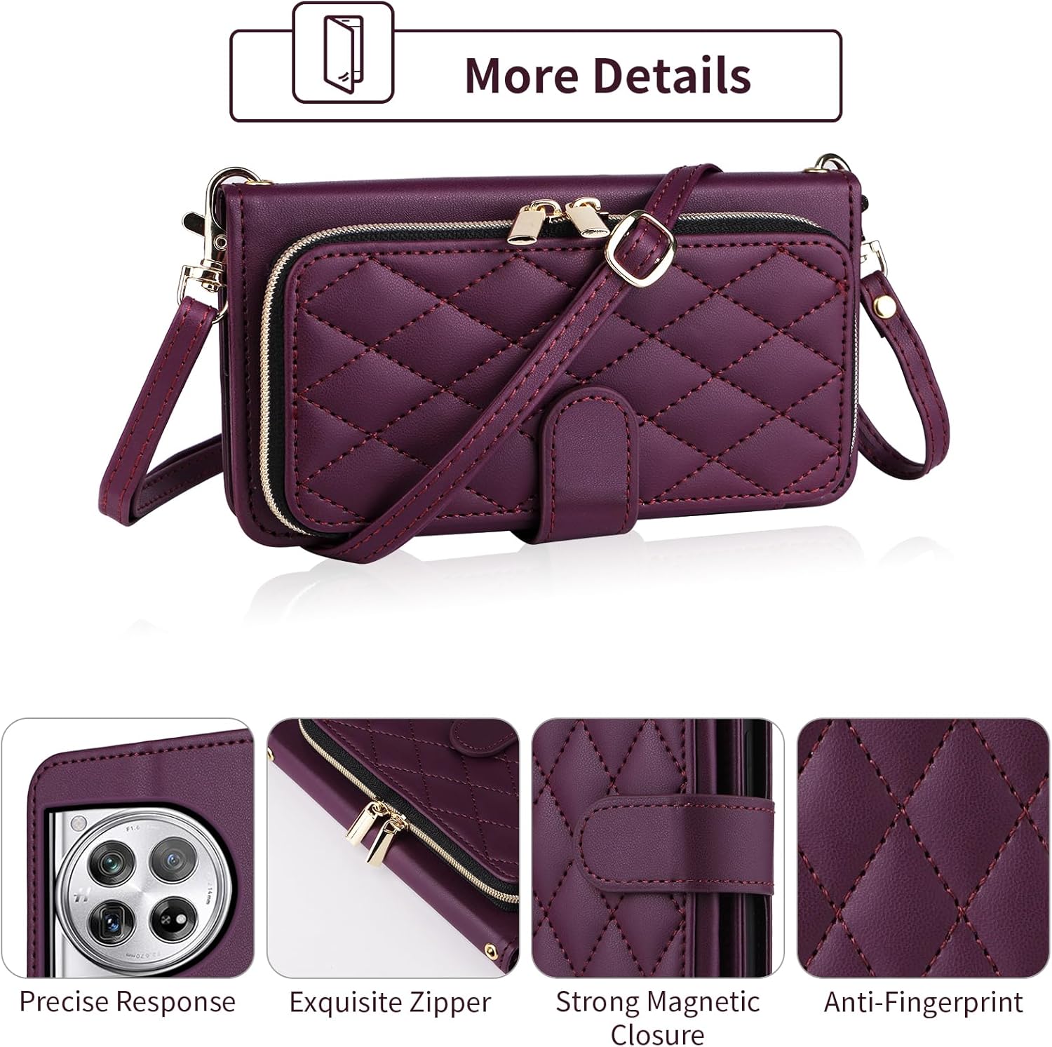 Argyle Wallet Case for OnePlus 12 5G with Wrist Strap Shoulder Strap, 9+ Card Slots Zipper Purse Luxury PU Leather Stand Checkered Cell Phone Cover for One+ 1plus12 2024 Women Girls Deep Purple