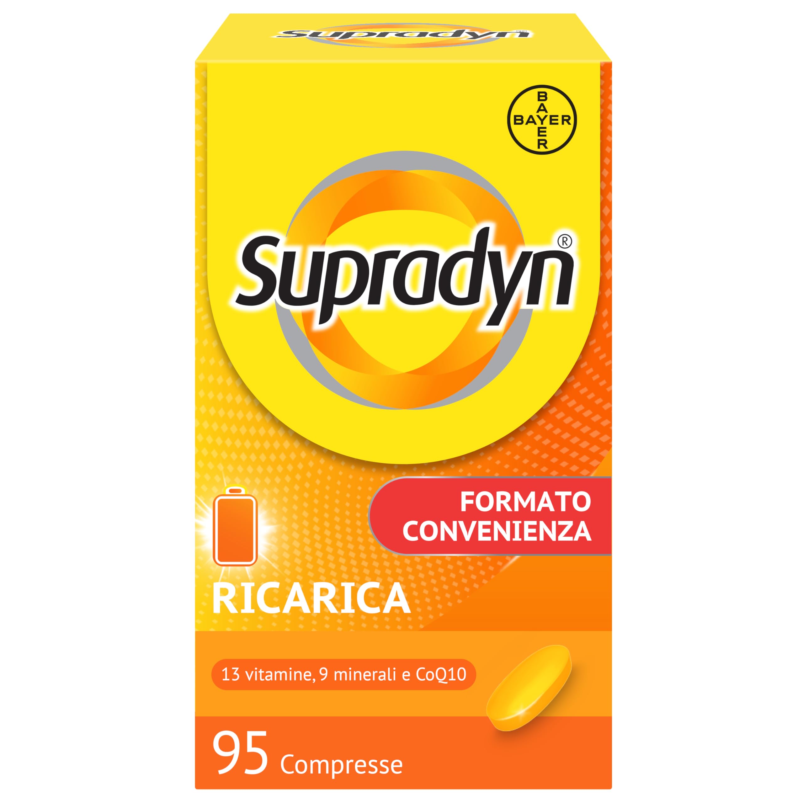 Supradyn Ricarica Multivitaminico Completo Vitamine e Minerali per Adulti, Integratore Vitamine A, B, C, D3, E, K, Magnesio, Calcio, Zinco, Selenio e CoEnzima Q10, 95 Compresse Rivestite