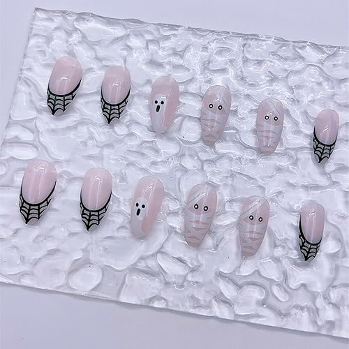 Miniatura 2 de Uñas postizas a presión de Halloween, uñas cortas de almendra, uñas postizas a presión, uñas postizas negras y blancas, uñas acrílicas con momia,