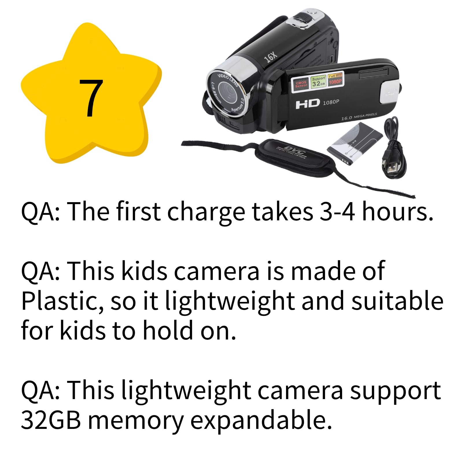 Kids Videokamera-Camcorder, Vlogging Kamerarecorder, Fülllicht, Eingebautem Lautsprecher, Support 32GB Expandable(Schwarz)