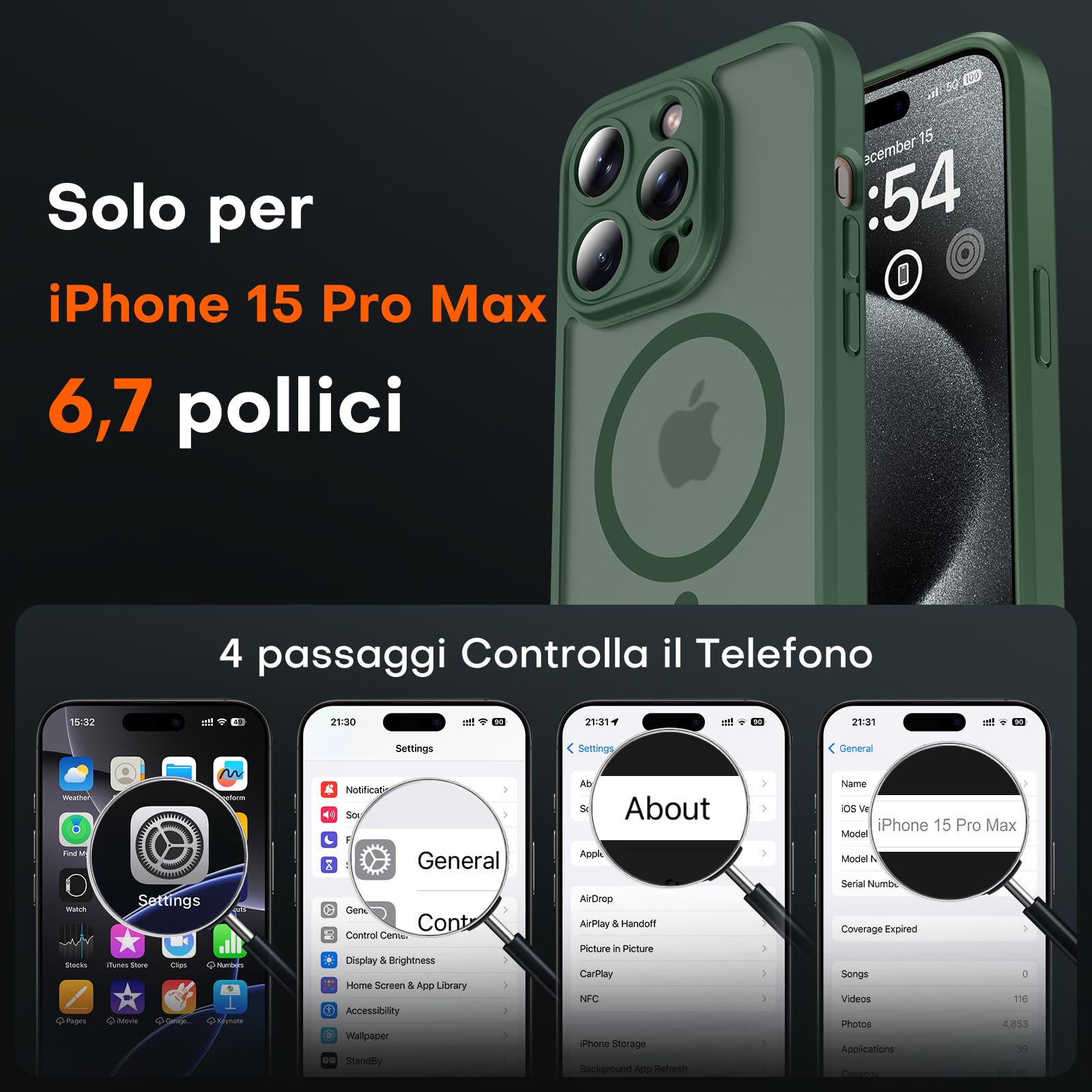 TOCOL Cover Magnetica per iPhone 15 Pro Max 6,7 Pollic, Compatibile con MagSafe, Protezione Fotocamera Integrata, Custodia Antiurto Traslucida Opaca, Verde Alpino