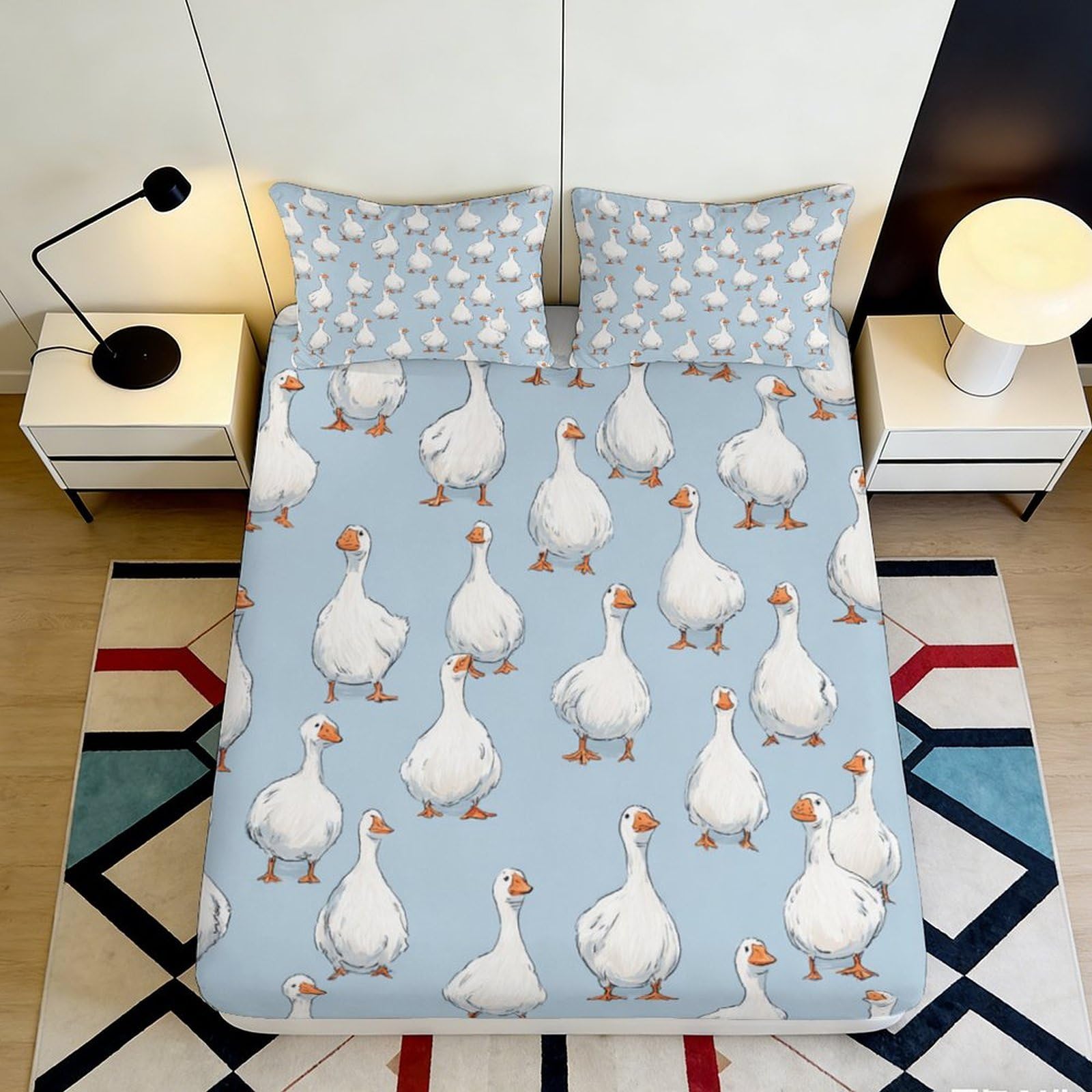 3D Printed Goose Pattern Fitted Sheet Microfiber Soft Blue Bed Sheet for Bedroom Dorm Mattress Protection Decor 90x200x25cm