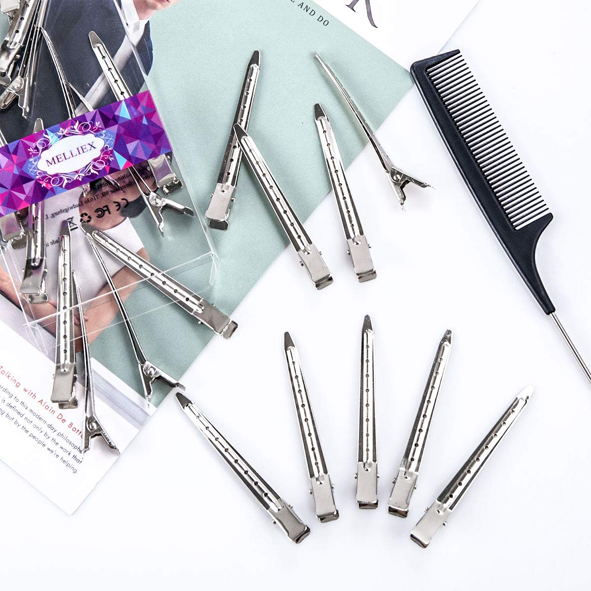 24 Piezas Pinza de Pelo de Duckbill, Pinzas de 3.5 pulgadas de Metal Plateado Clips para El Cabello Suministros de Peluquería Acero Pinzas de Cocodrilo con Agujeros