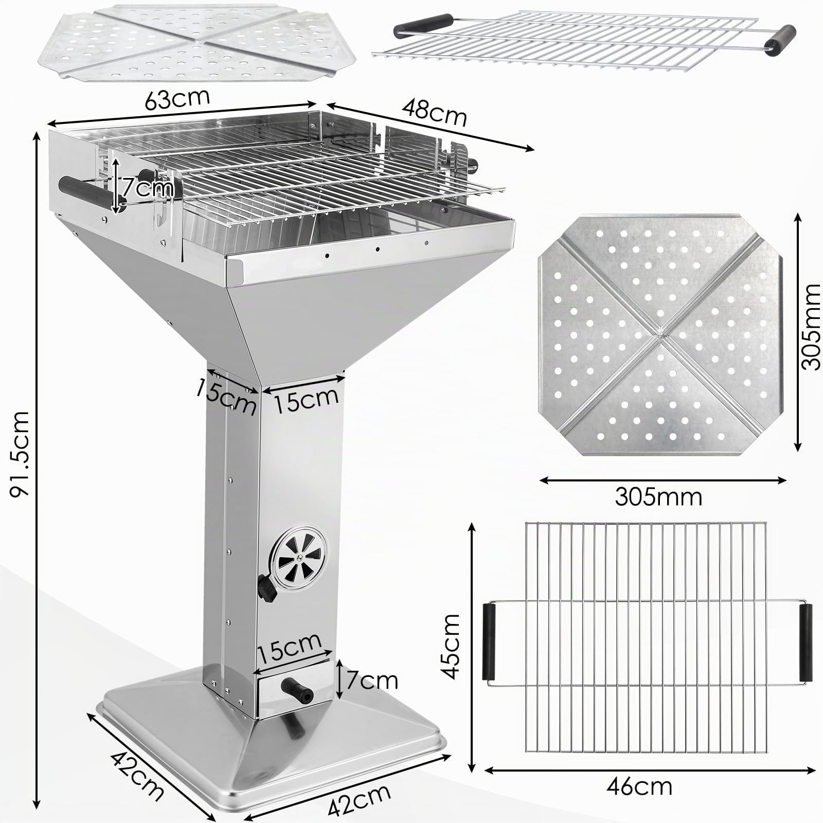 TLGREEN Barbecue a colonna in acciaio inox 63x48x92cm con griglia cromata e altezza regolabile