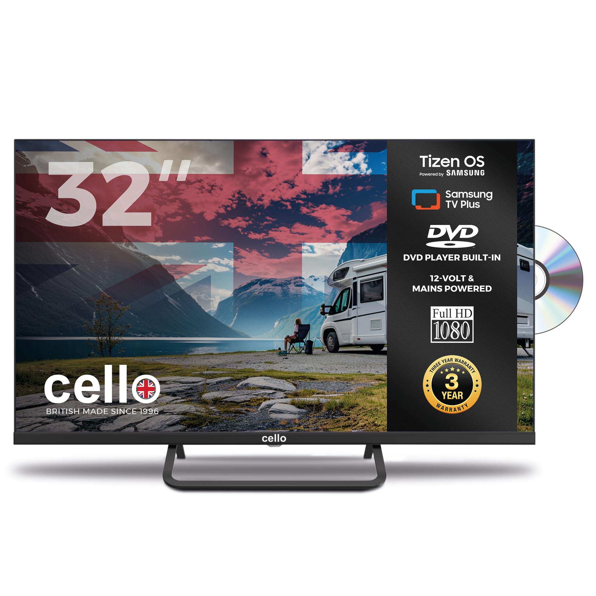 Cello Ctrav-32TZF 32" Tizen OS Smart LED 12V TV/DVD, Samsung, 3 Years Warranty, Pitch Perfect Speakers, Netflix, Prime Video, Bluetooth, UK Made, 2026