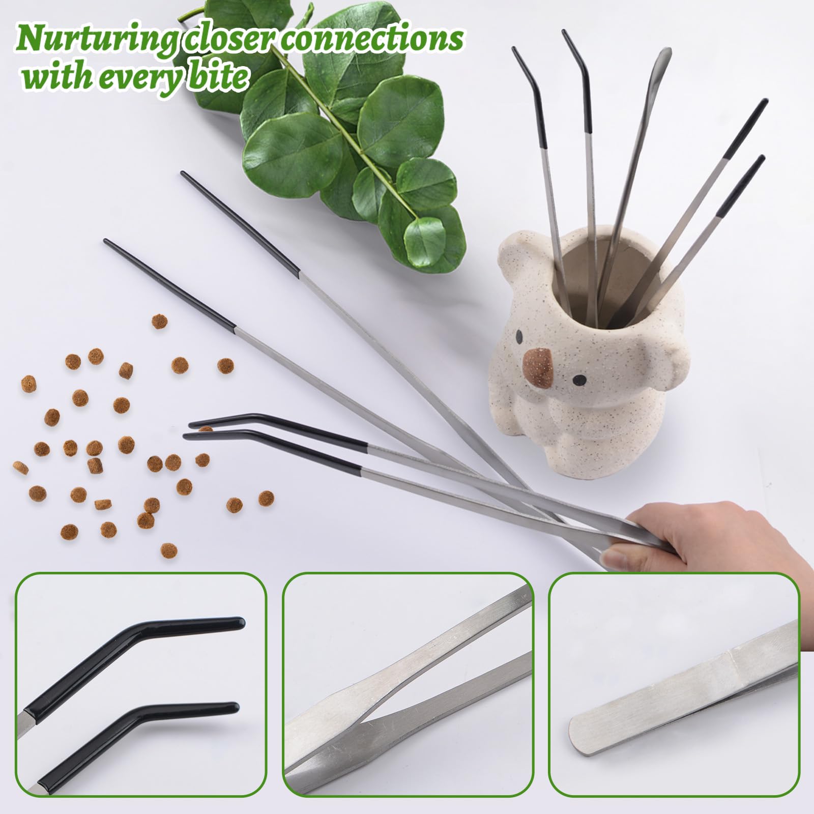 Pinzas de alimentación de reptiles de acero inoxidable con punta de goma, 6 pinzas largas rectas y curvadas, terrario, herramientas de acuascape, alimentador para lagartos, dragón barbudo
