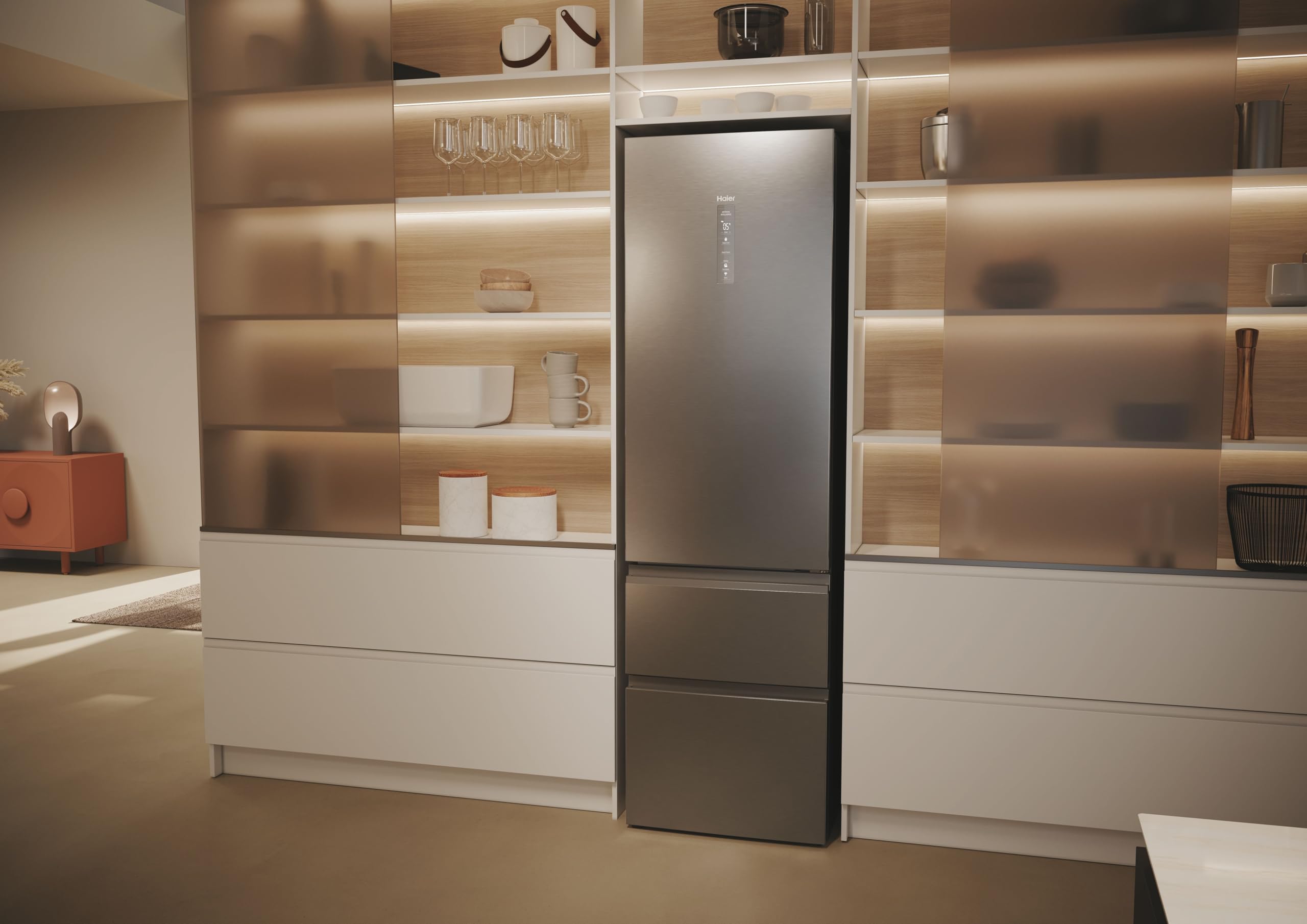 Haier 3D 60 Serie 5 Frigorifero Combinato 3 Porte 414 Litri (289 Frigo + 125 Freezer), Air Surround, Cassetti Accesso Diretto, Wi-Fi App hOn, Classe D, 205 x 59,5 x 66,7 cm (AxLxP), Inox, HTW5620DNMG