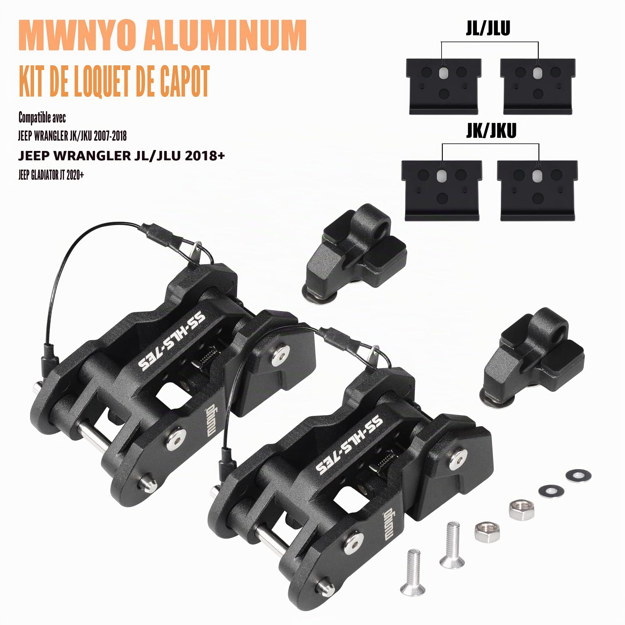 MWNYO Loquets de capot de rechange en aluminium pour Jeep Wrangler JK/JKU 2007-2017, JL/JLU 2018+ et Jeep Gladiator 2020+ avec design peint et breveté (noir, 1 paire)