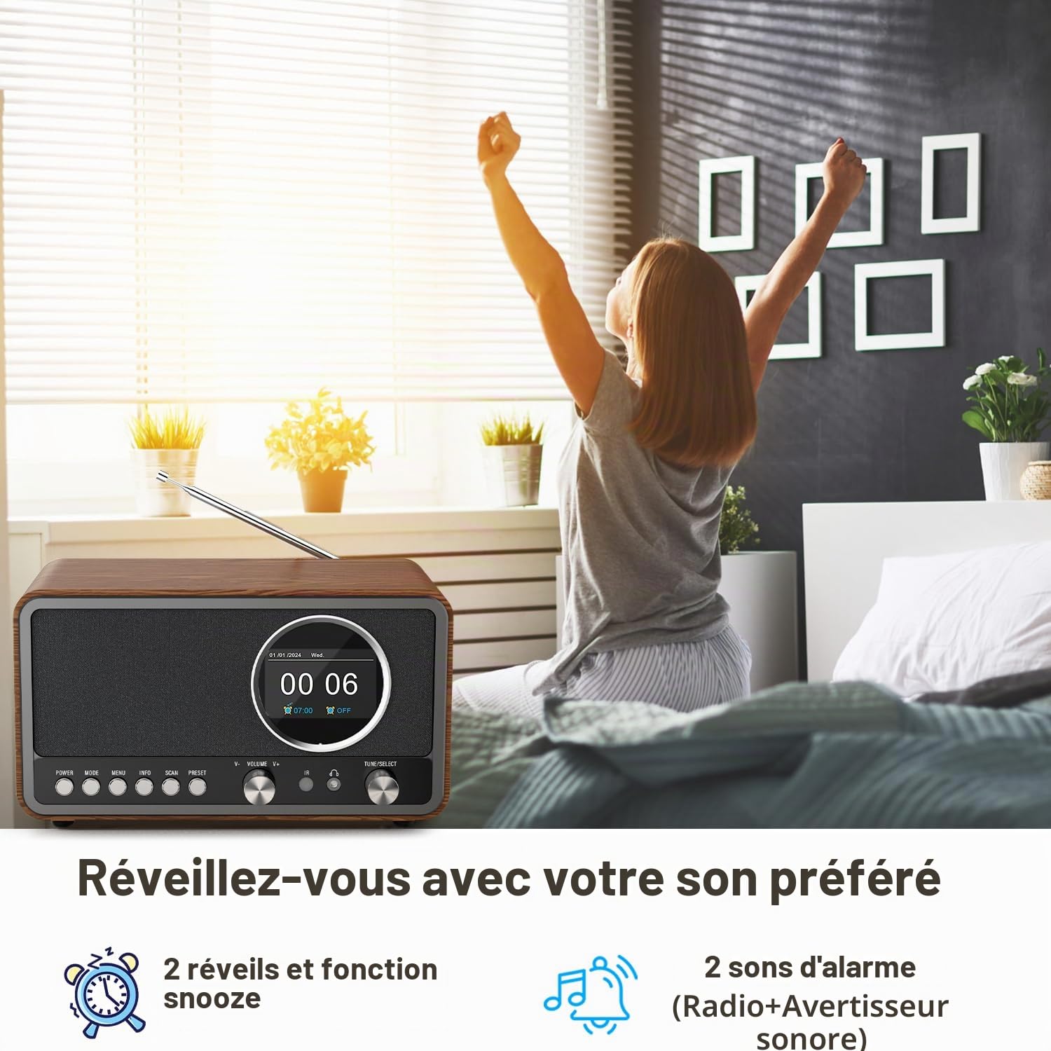 Monodeal radio portable (DAB+, FM, réveil, haut-parleur HiFi 5 W, prise casque, écran TFT, commande des touches), radio-réveil avec 60 préréglages