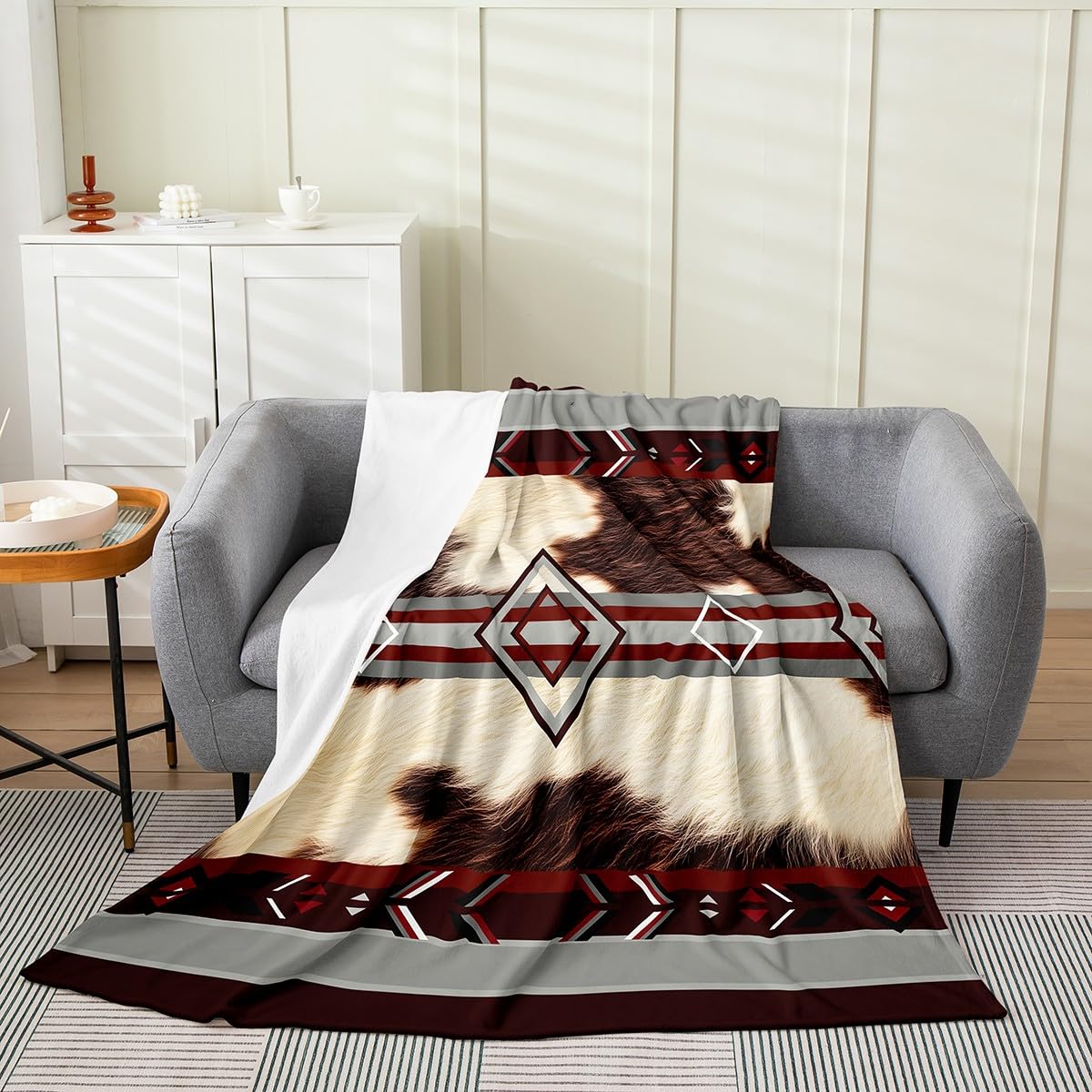 richhome Cowhide Plush Throw Blanket Western Farm Animal Skin Flannel Blanket Single 50x60Inch Cow Fur Print All Season Farmhouse for Couch Bed Sofa Beige Grey Red Bedroom Decor