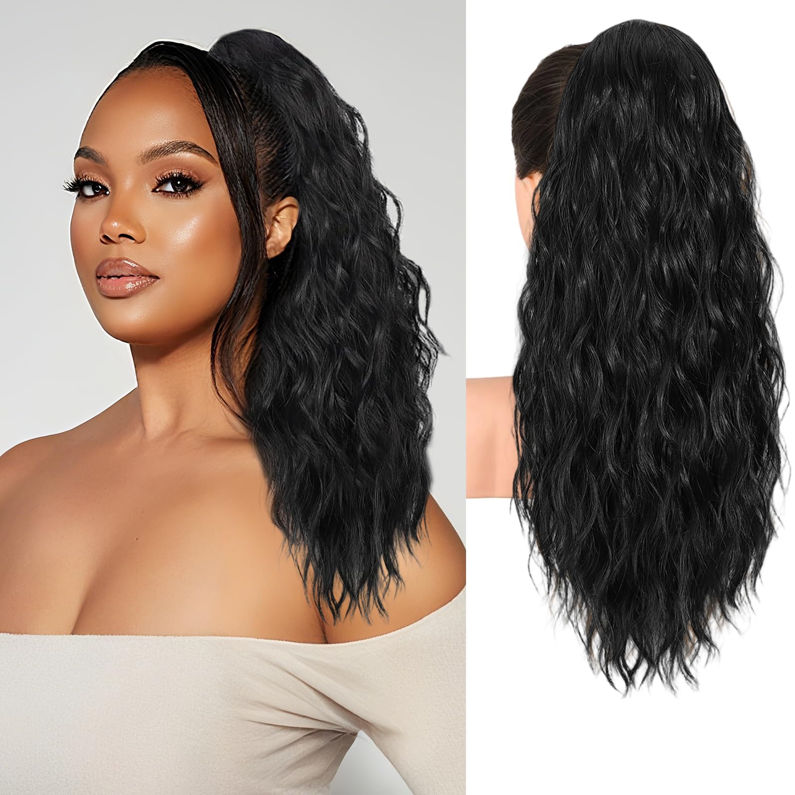 QINGHUACI 18 Inch Curly Ponytail Extensions, Drawstring Ponytail For Black Women Natural Black Layered Fluffy Pony Tails Hair Extensions Synthetic