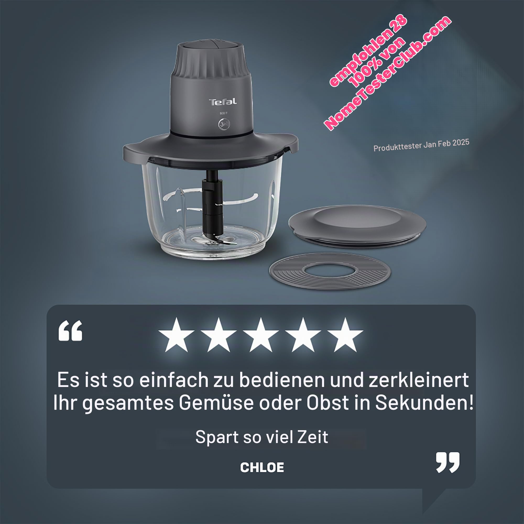 Tefal Choppeo XXL Zerkleinerer Kapazität, 2L Glasschüssel, Küche Mini Küchenmaschine, Anti-Rutsch-Matte, Aufbewahrungsdeckel für Reste, 2 Geschwindigkeiten, 500W, Hummus, Gemüse, Grau MB603BG1
