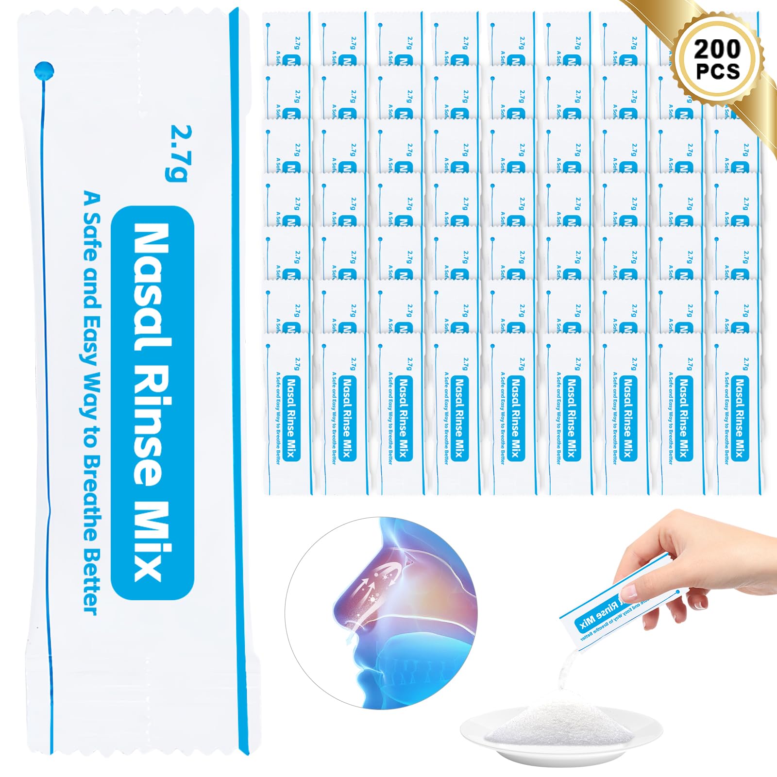 200 Petits Sacs Sachets Sel Nasal, 2.7g Sachets De Douche Nasale, Sachets De Sels De Rinçage Des Sinus Pour Rinçage Nasal Pour Douche Nasale, Kit Sinus Rinse, Irrigation Nasale