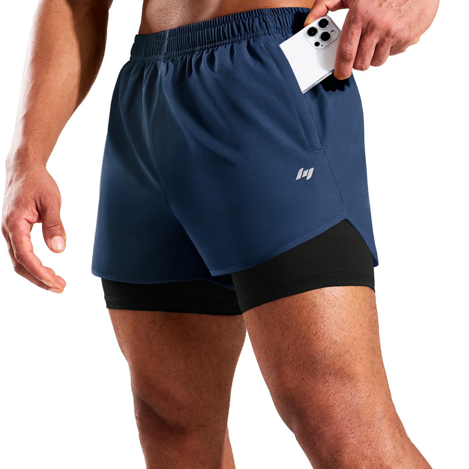 MIER Pantaloncini da corsa 2 in 1 da uomo con fodera, 7,6 cm, ad asciugatura rapida, per palestra, allenamento, atletica, con tasche
