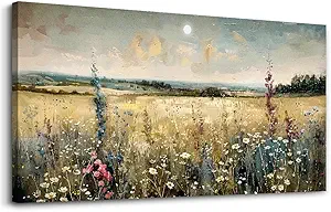 KELIYUAN Wall Art Canvas Retro Flower Picture Wall Decor For Living Room Restaurant Natural Landscape Painting Grass Flower Printed Artwork For Bedroom Farmhouse Office Home Decoration 20"X40"