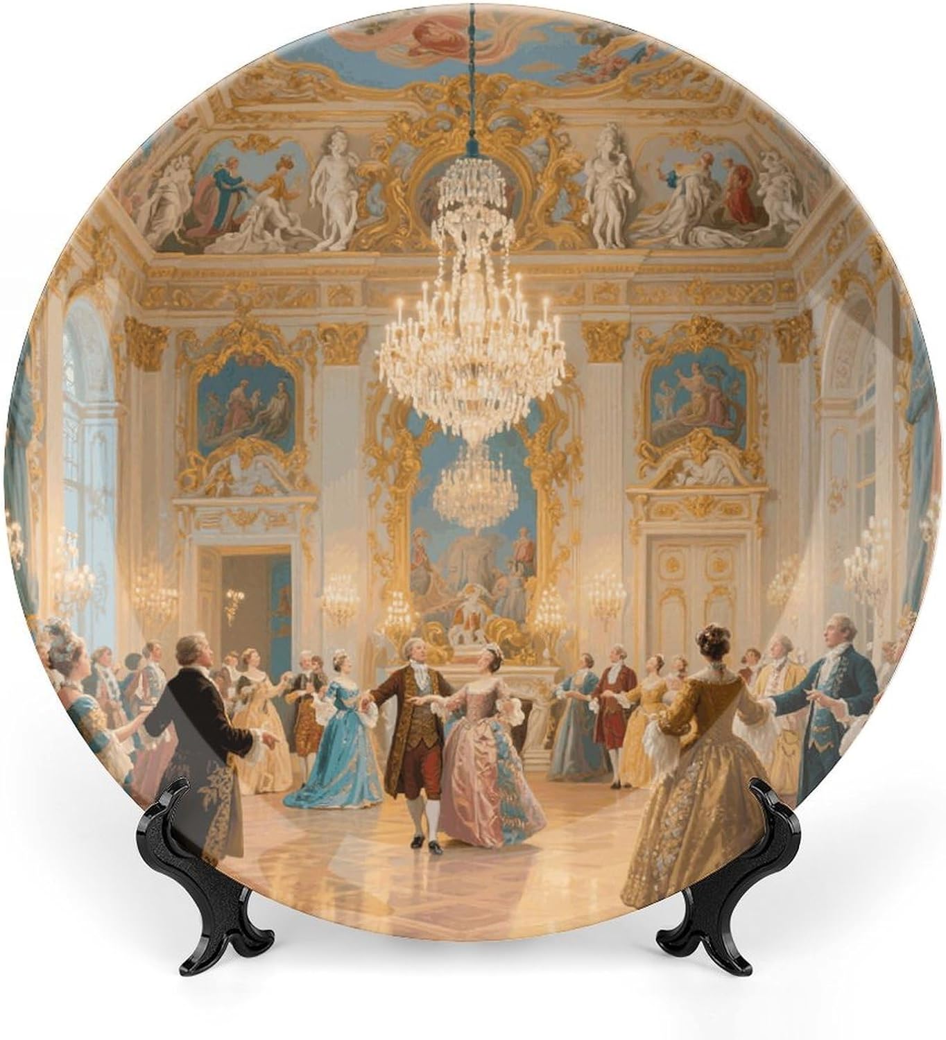 Luxurious Palace Ball Ceramic Plate 10inch Decorative Bone China Wall Hanging Ornament Plates Bohemian Style Dinner Plate with Display Stand Cabinet Display Plates for Home Art Decor