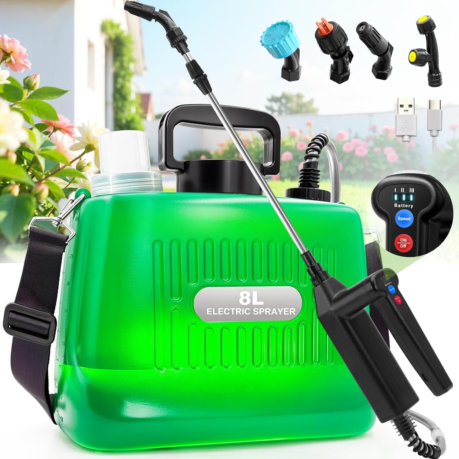 Battery Powered Sprayer 2 Gallon, 2025 New Electric Garden Sprayer with 3 Spray Force, Battery Indicator, Rechargeable Handle, 23.6\" Telescopic Wand,4 Mist Nozzles,Shoulder Strap, for Lawn and Garden