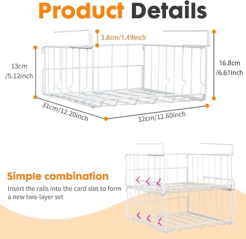 Miniatura 5 de Cestas de almacenamiento para debajo del estante, cesta plegable de alambre de metal, paquete de 2, color blanco