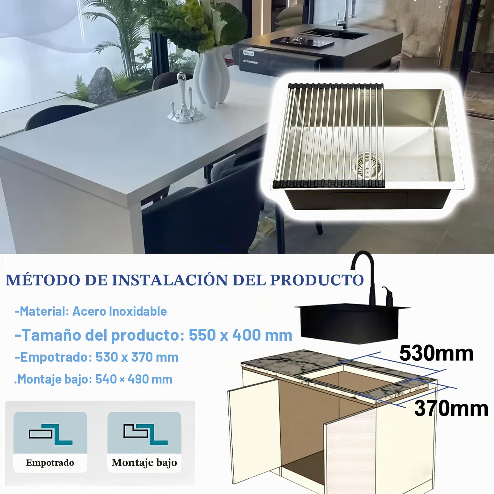 Fregadero Cocina 1 Seno 55 x 40 cm, Acero Inoxidable Cepillado, con Grifo Giratorio 360°, Fregadero Bajo Encimera o Sobre Encimera, con Sifón, Rebosadero y Desagüe, Escurridor de Enrollable
