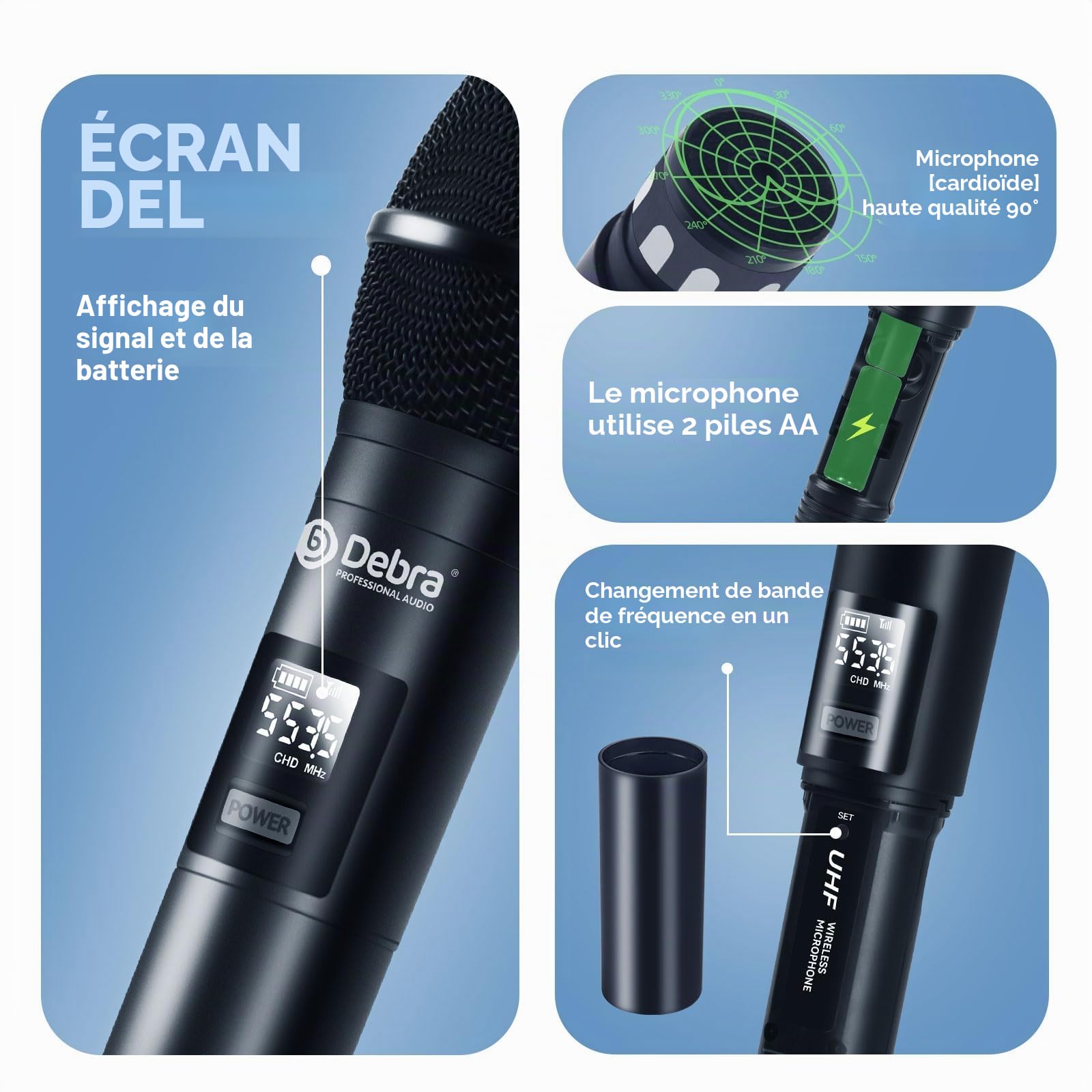 D Debra DU8008 Système de Micro sans Fil UHF - 8 Micros Main, Plug & Play, Fréquence Ajustable, Portée 80m, Idéal pour Karaoké/Conférences/Scène