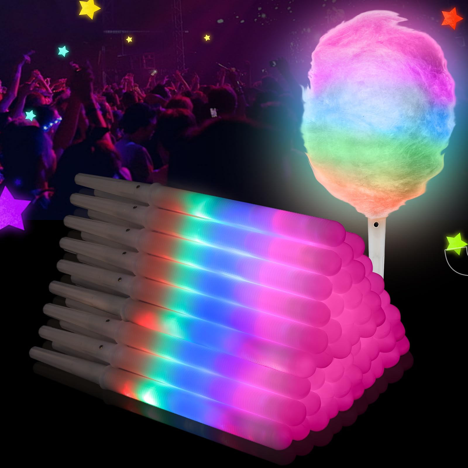 80 Pieces Cotton Candy Cones with LED Multi Mode Cotton Candy Sticks Reusable Flashing Glow Sticks for Christmas Party Amusement Park Birthday Party Supplies (80 PCS)