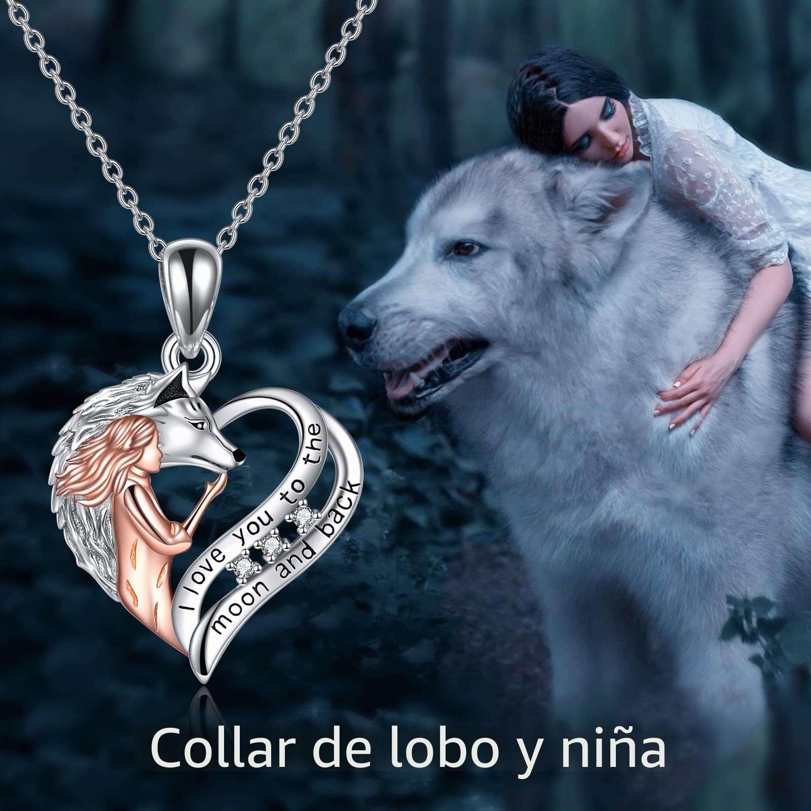 YAFEINI Lobo Joyería Regalos Plata Esterlina Amor Corazón Lobo Niña Colgante Collar te Amo a la Luna y Espalda Collar Joyería para Mujer Adolescente Novia