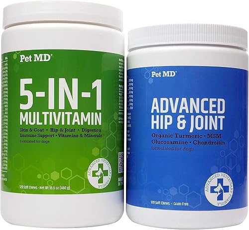 Pet MD Paquete de masticación suave multivitamínico 5 en 1 y avanzado para cadera y articulaciones