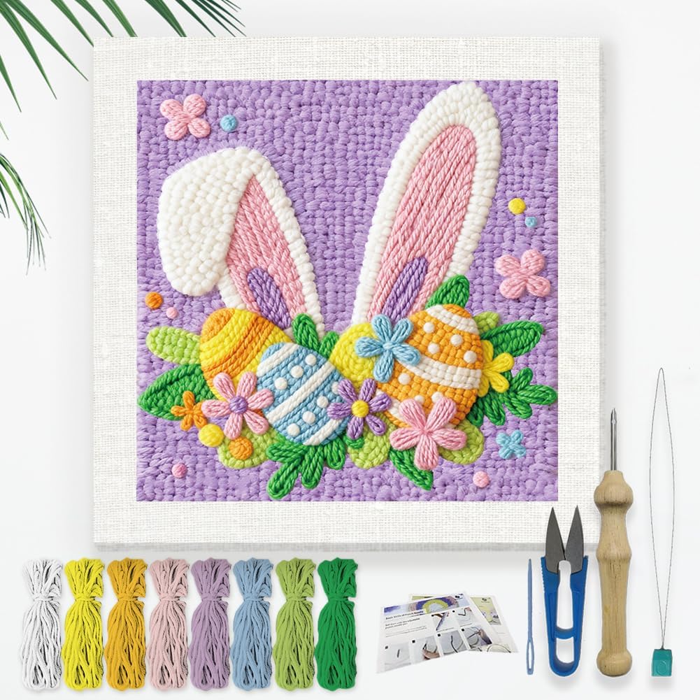Doodlream Easter bunny Ear Egg DIY Punch Needle Embroidery Kit for Adult Beginner, 24cm Floral Rabbit Ear Punch Stitching Craft Set for Starter with Frame, Fabric Pattern, Threader, Yarn, Punch Needle