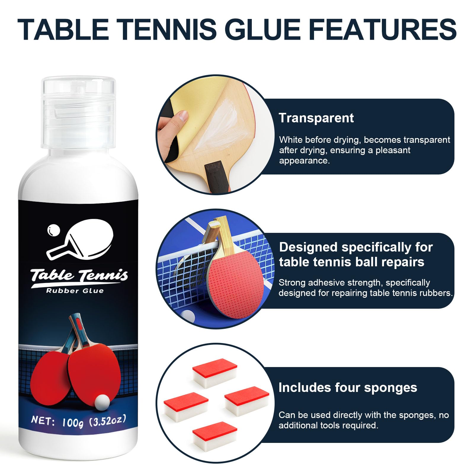 100ml Colle Tennis De Table, Adhésif Conçu pour Le Montage De Revêtements De Tennis De Table avec Éponges Élastiques, Quatre Brosses en Éponge Permettent Un Changement De Revêtement Facile